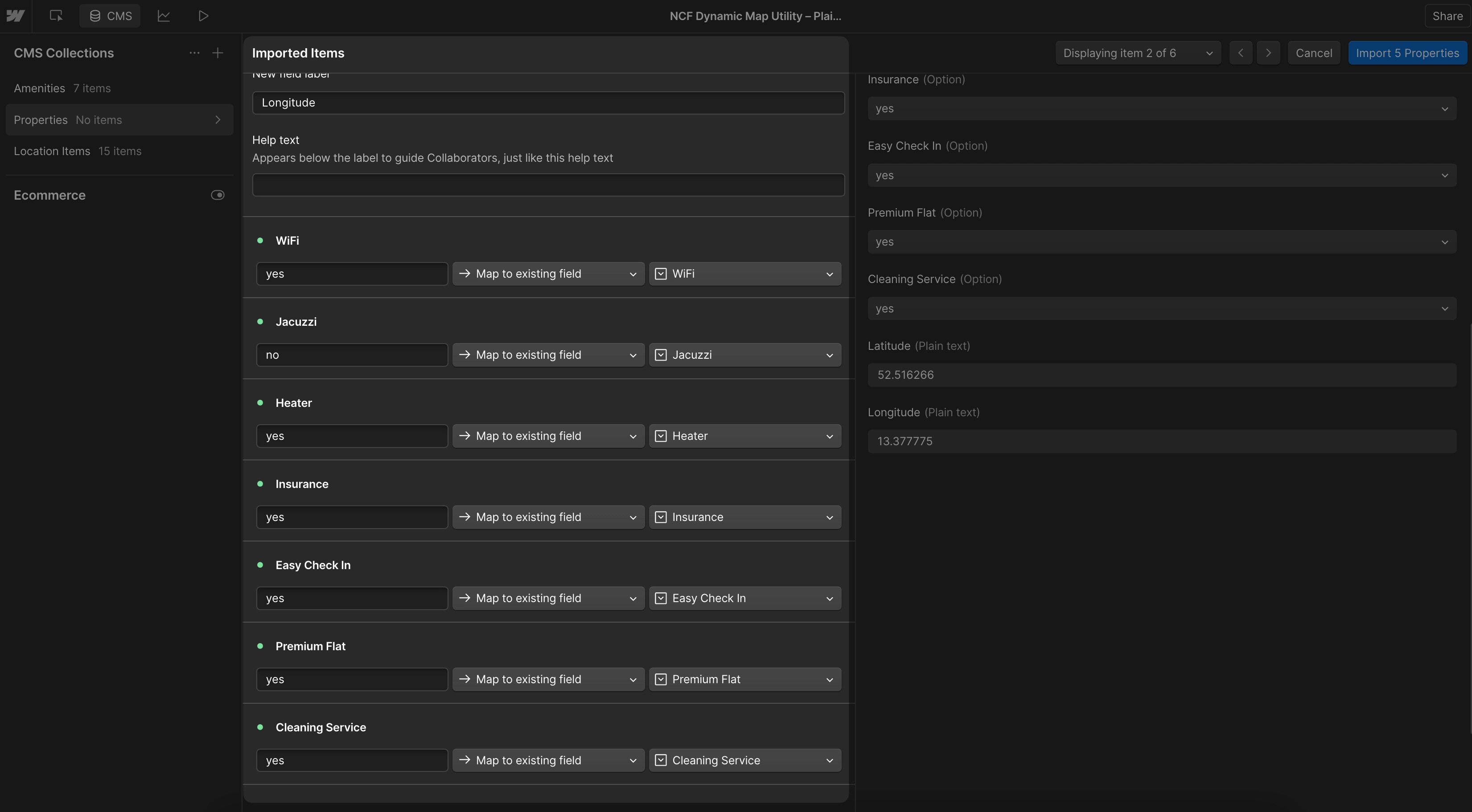 Webflow CMS import field mapping screen connecting CSV columns to the correct CMS Option fields.