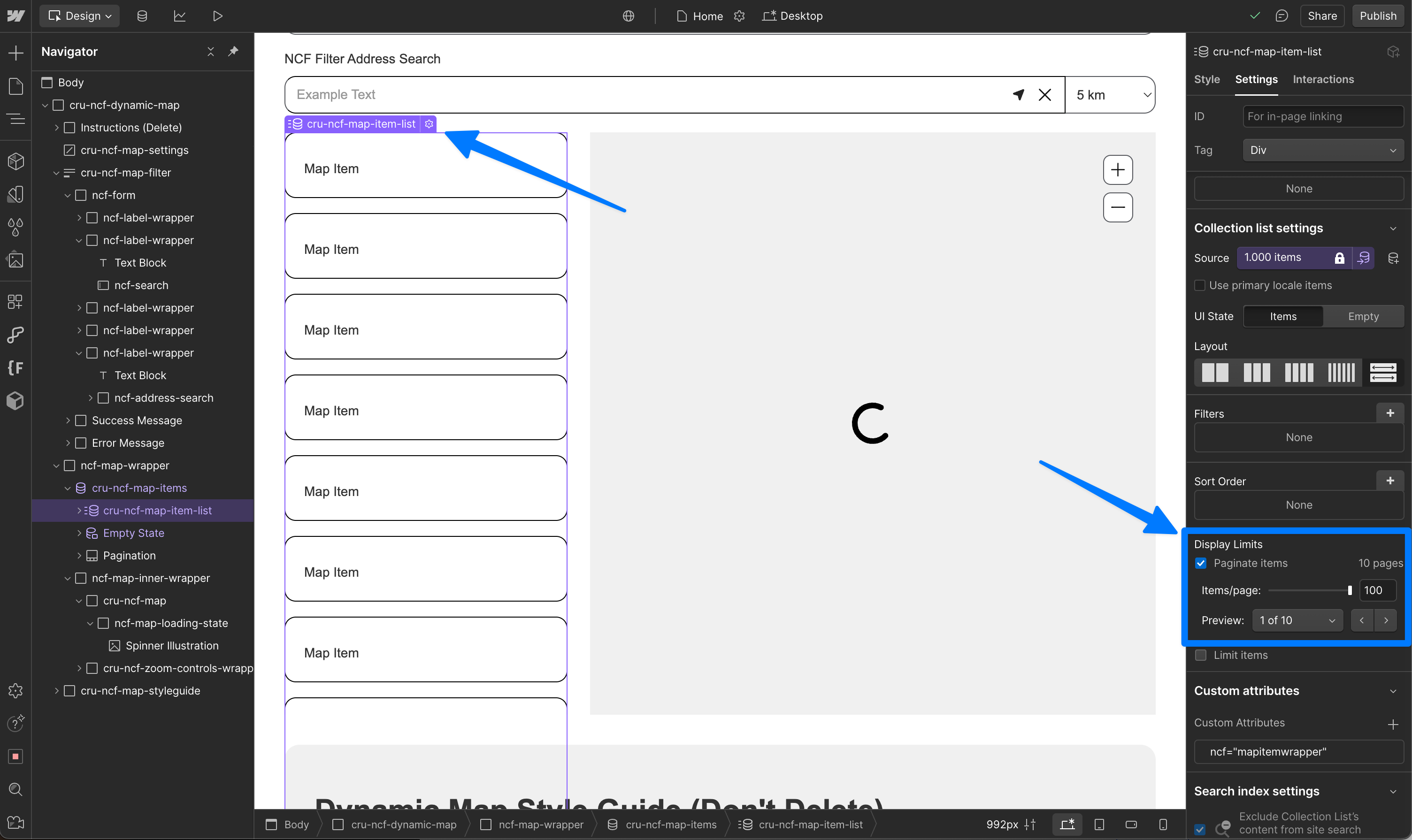 Webflow Designer showing the map item collection list Settings panel with Display Limits expanded, Paginate Items enabled, and items per page set to 100.