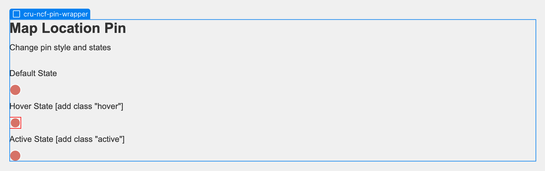 Webflow Dynamic Map Style Guide overview showing the location pin element and available state options in the left navigator panel.