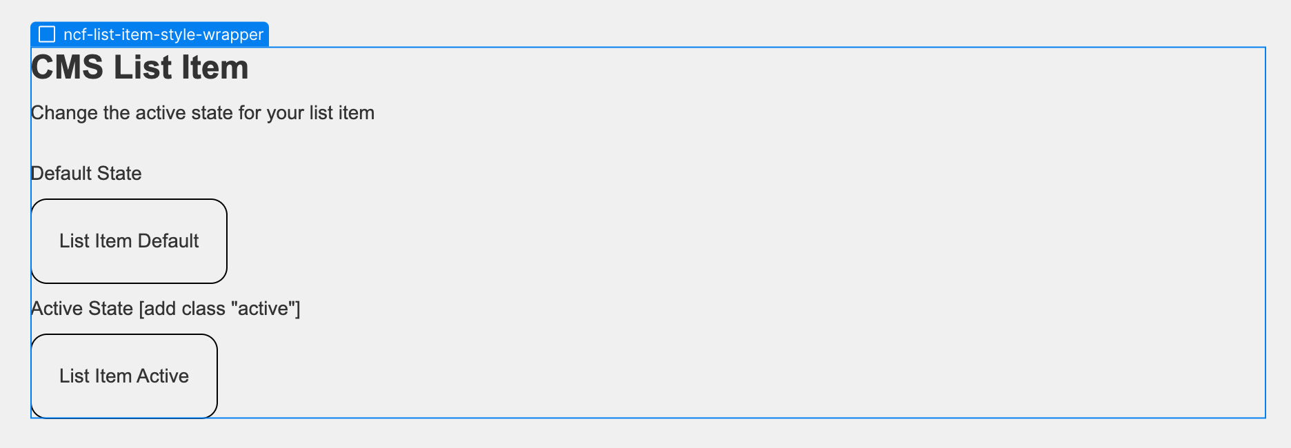Webflow Dynamic Map Style Guide showing the list item element and its available states in the navigator.