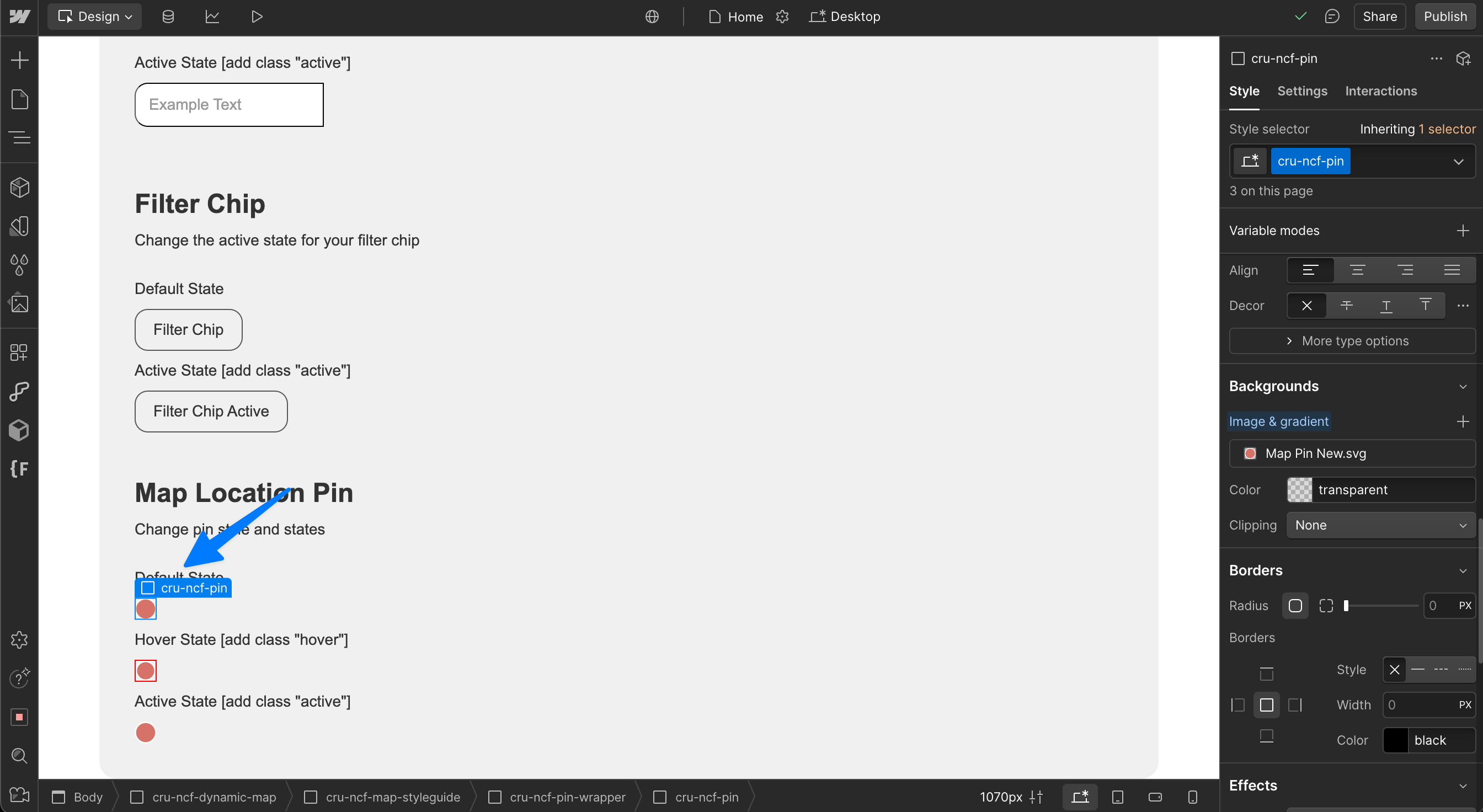 Dynamic Map Style Guide in Webflow Designer showing the cru-ncf-pin wrapper element selected with its child pin state elements visible.
