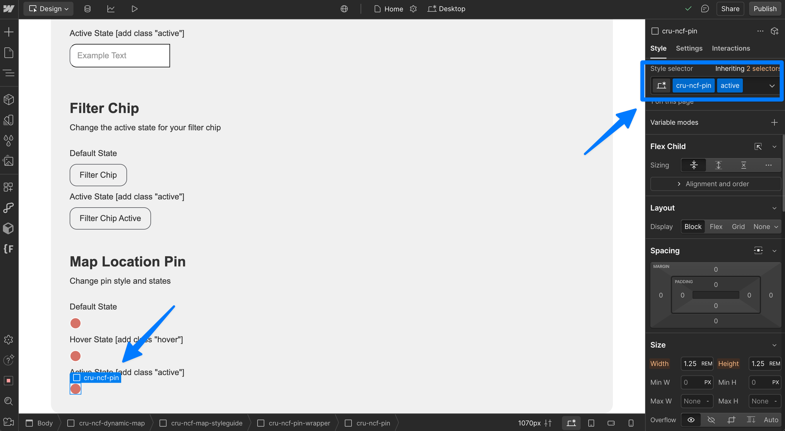 Webflow Designer showing the pin hover state styled by adding the combo class hover to cru-ncf-pin.