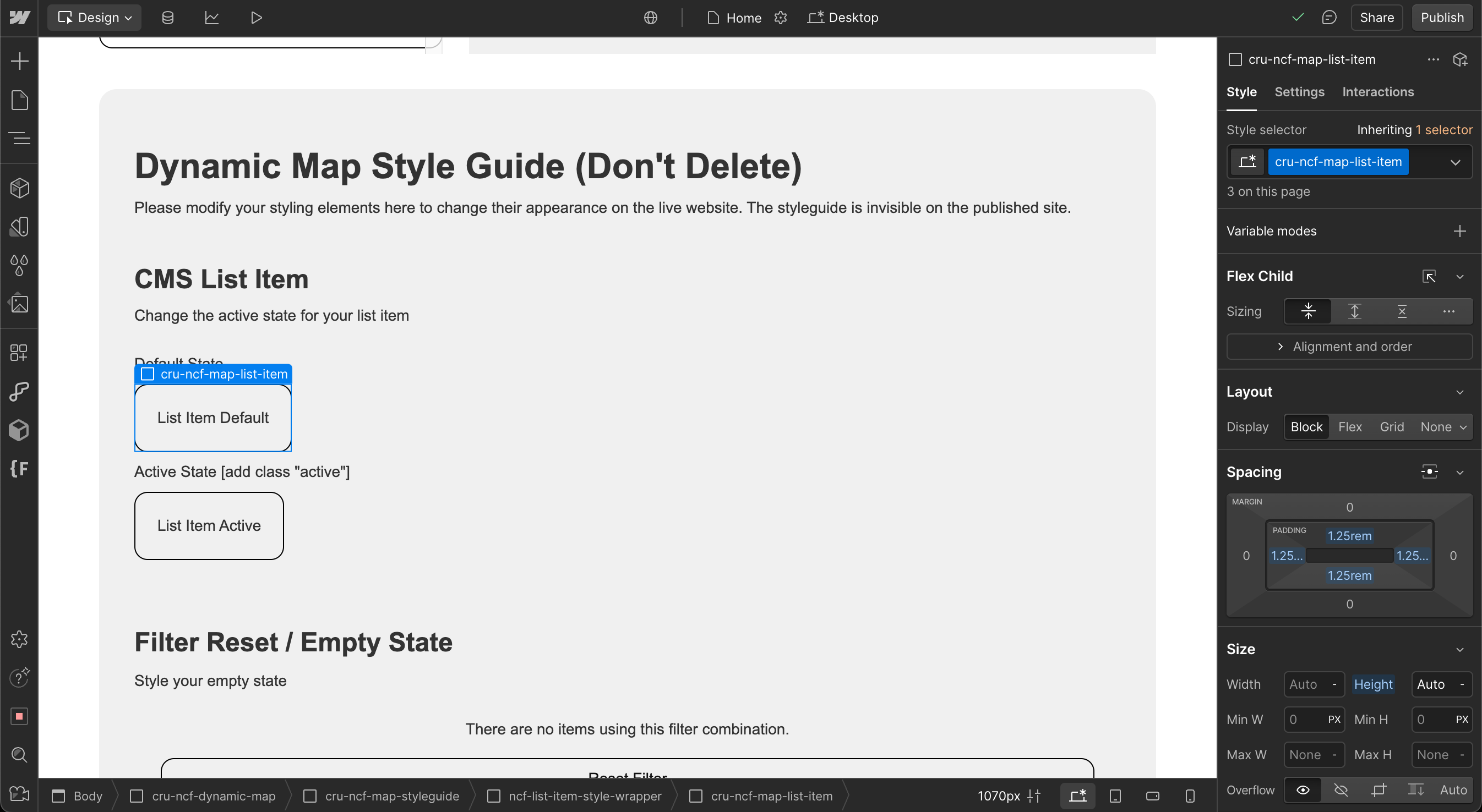 Webflow Designer showing the default list item state styled using the base cru-ncf-map-list-item class without any additional combo class.