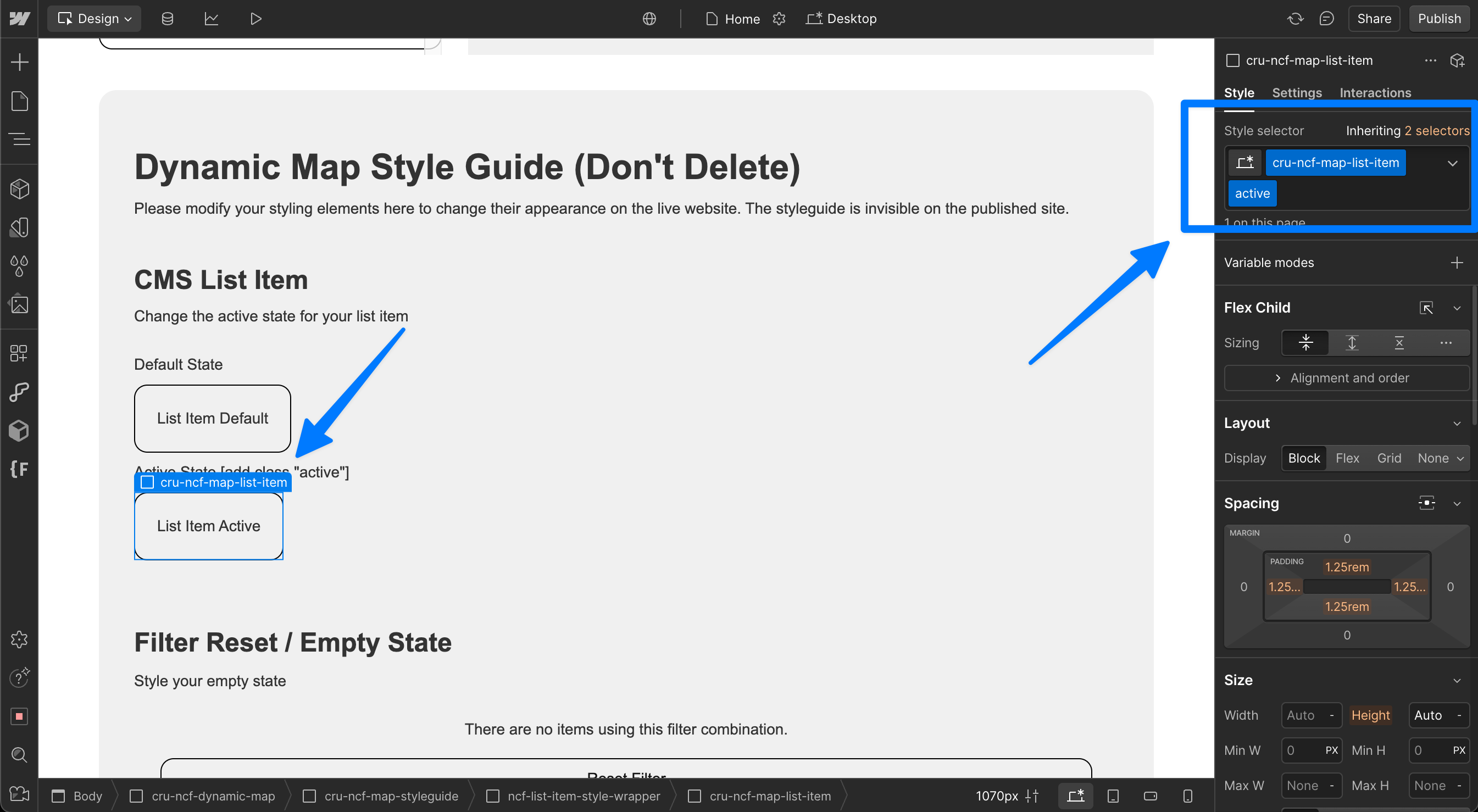 Webflow Designer showing the list item hover state created by adding the combo class hover to the list item element.