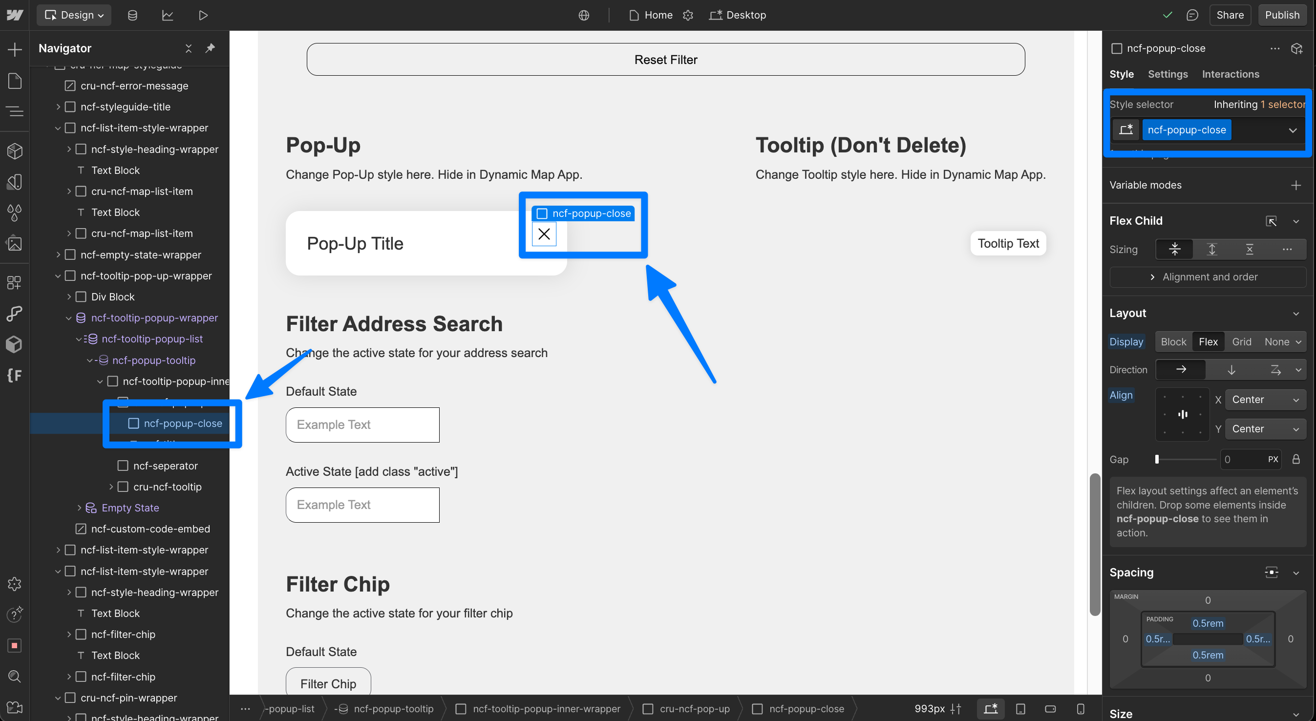 Webflow Designer showing the cru-ncf-pop-up-close element — any element placed inside this div acts as the pop-up close button.