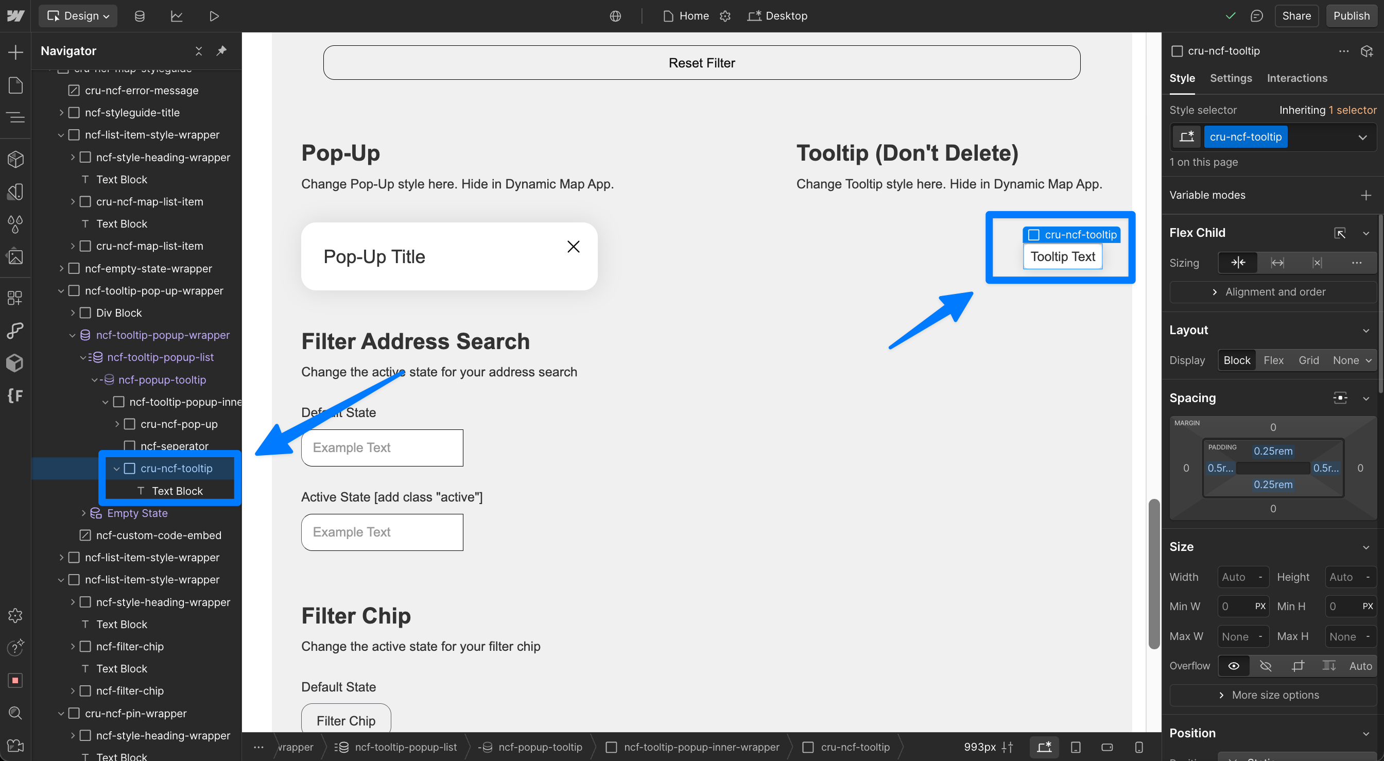 Webflow Designer showing the cru-ncf-tooltip element open in the navigator — every child element placed inside it appears in the tooltip on hover.