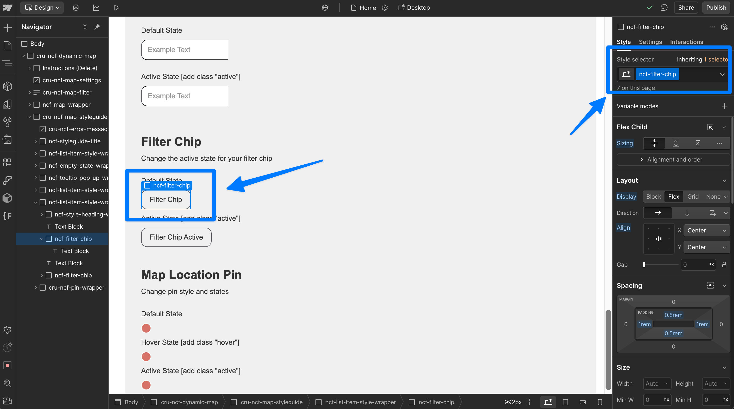 Webflow Dynamic Map Style Guide showing the filter chip element and its available states ready for styling.