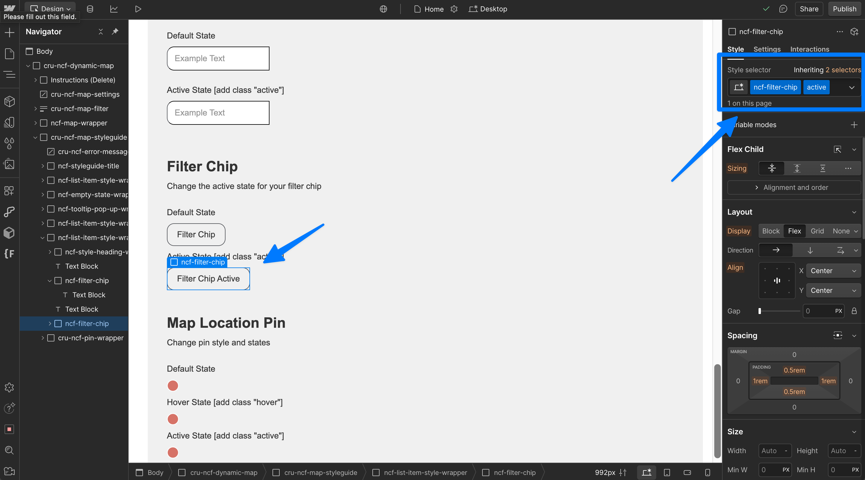 Webflow Designer showing the filter chip hover state styled using Webflow's built-in hover selector on the ncf-filter-chip element.