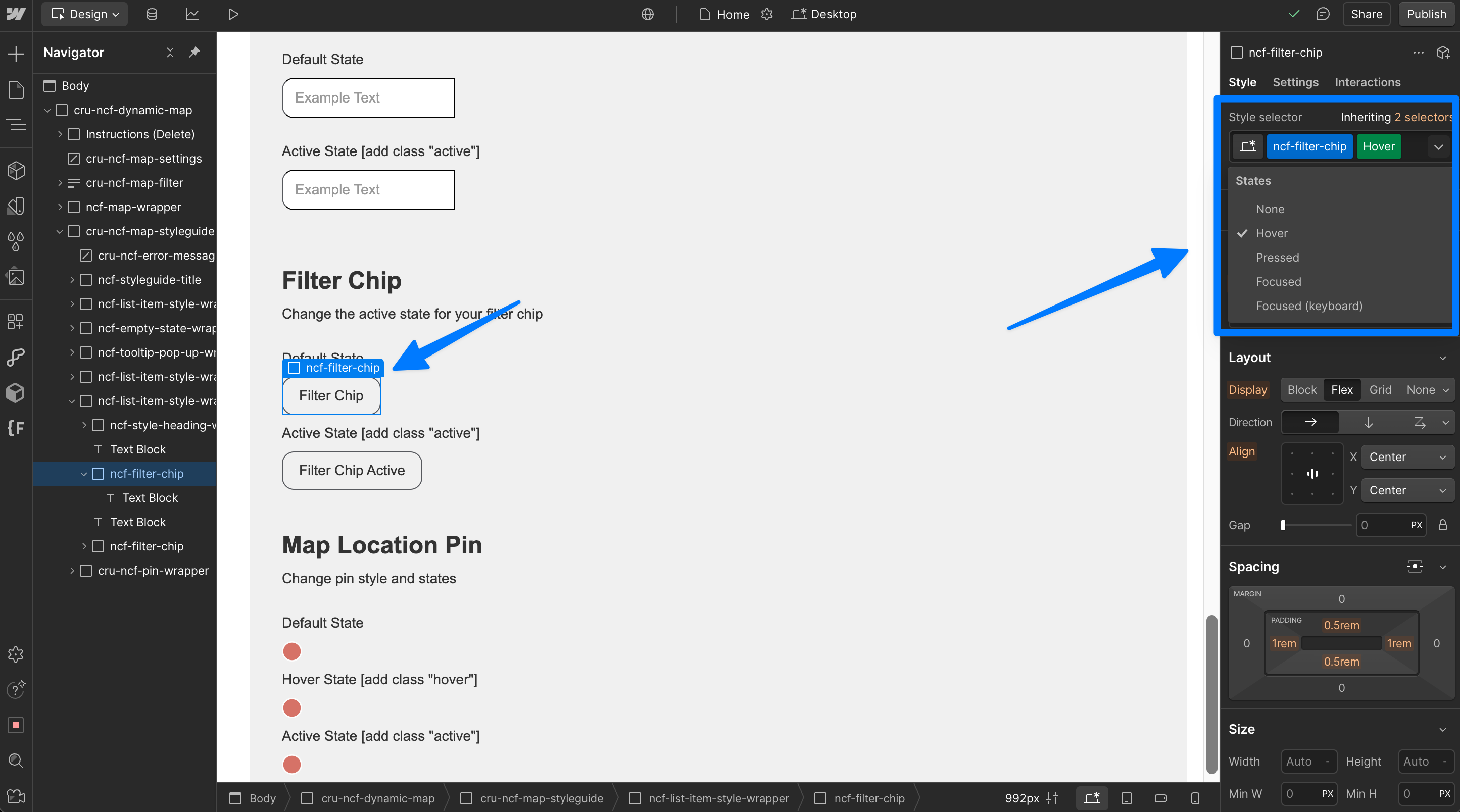 Webflow Designer showing the filter chip default state styled using the base ncf-filter-chip class without any combo class applied.