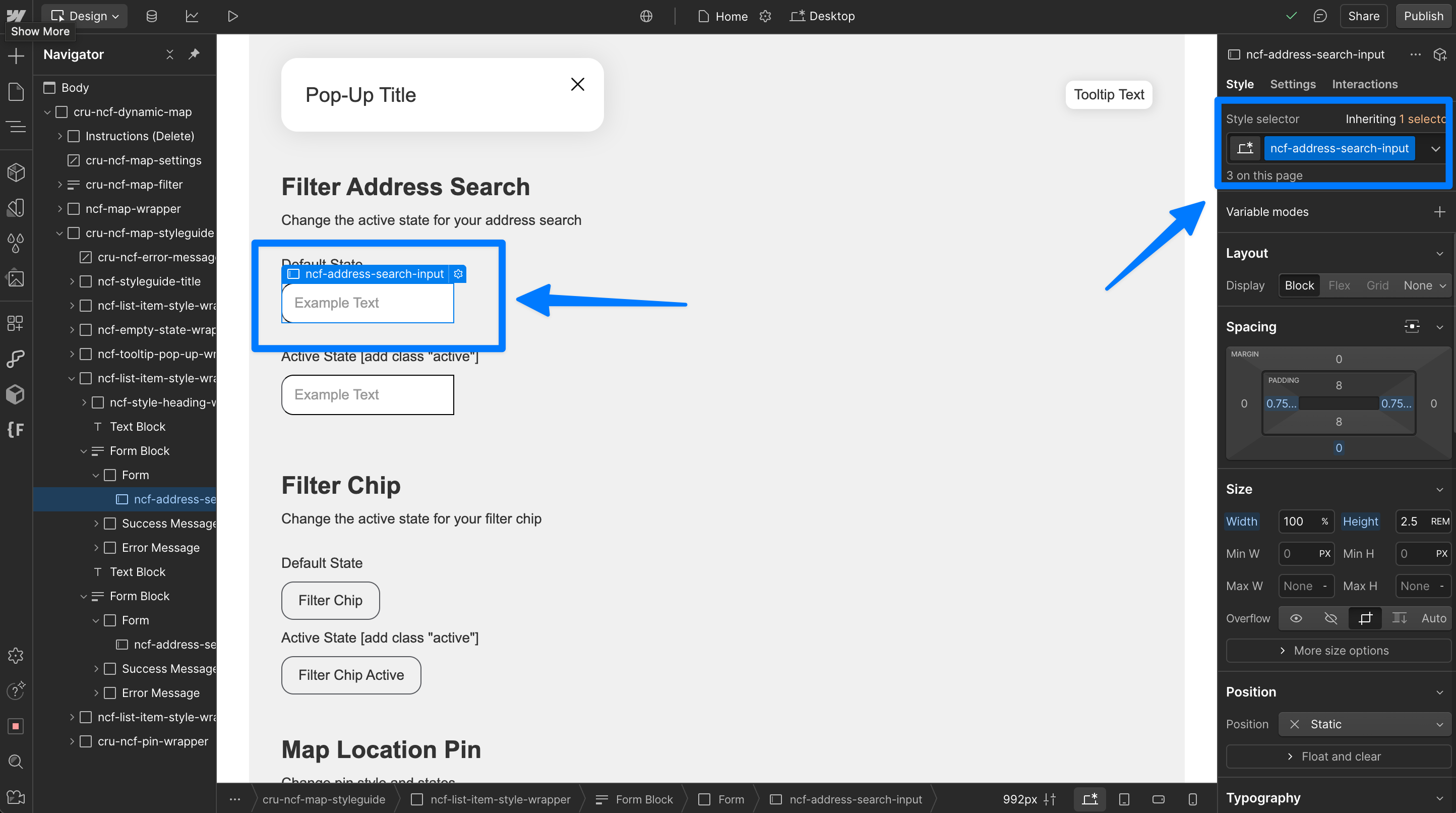 Webflow Designer showing the address search input styled in its default state using the ncf-address-search-input class.