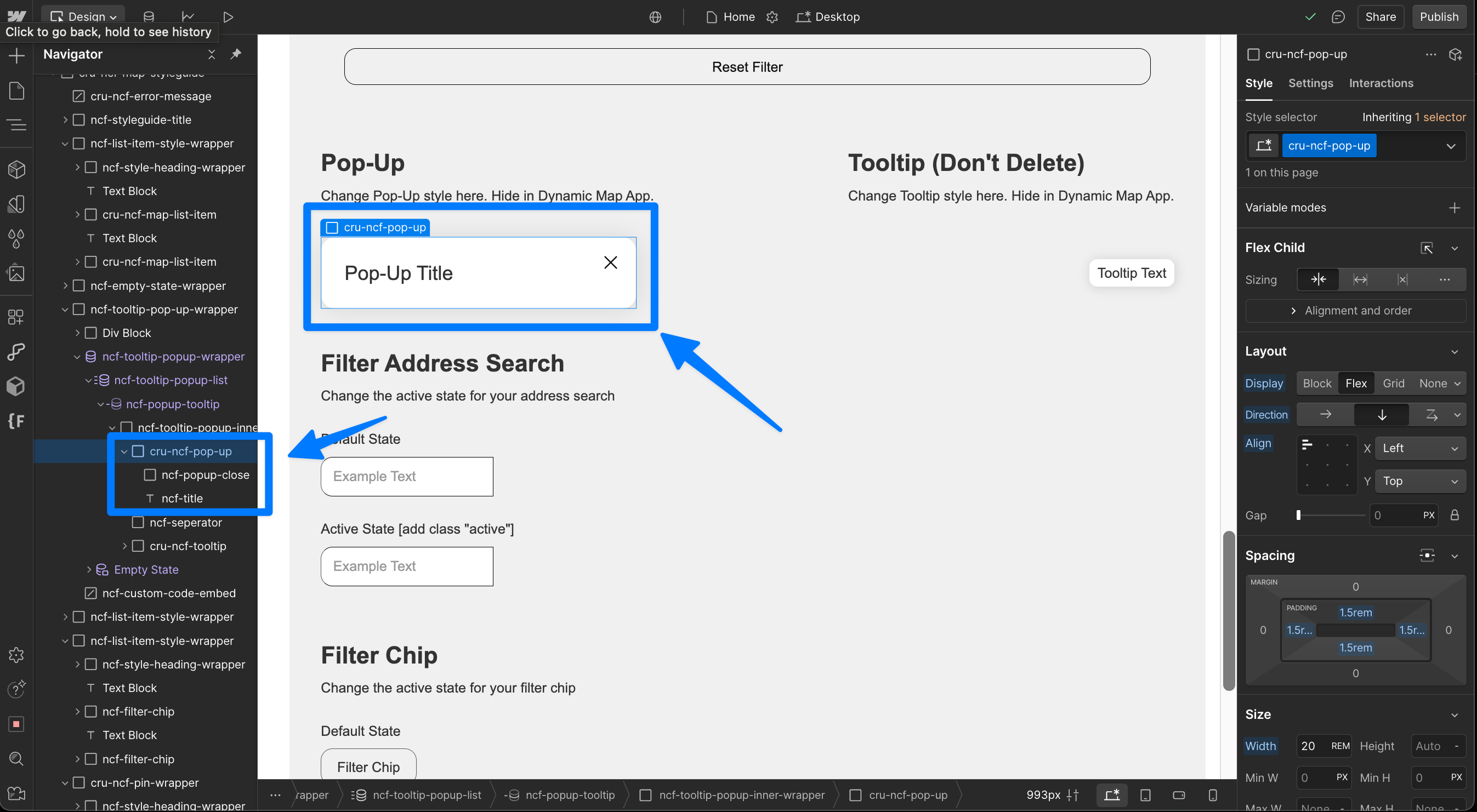 Webflow Designer showing the cru-ncf-pop-up element open in the navigator — every child element placed inside it appears in the pop-up on click.