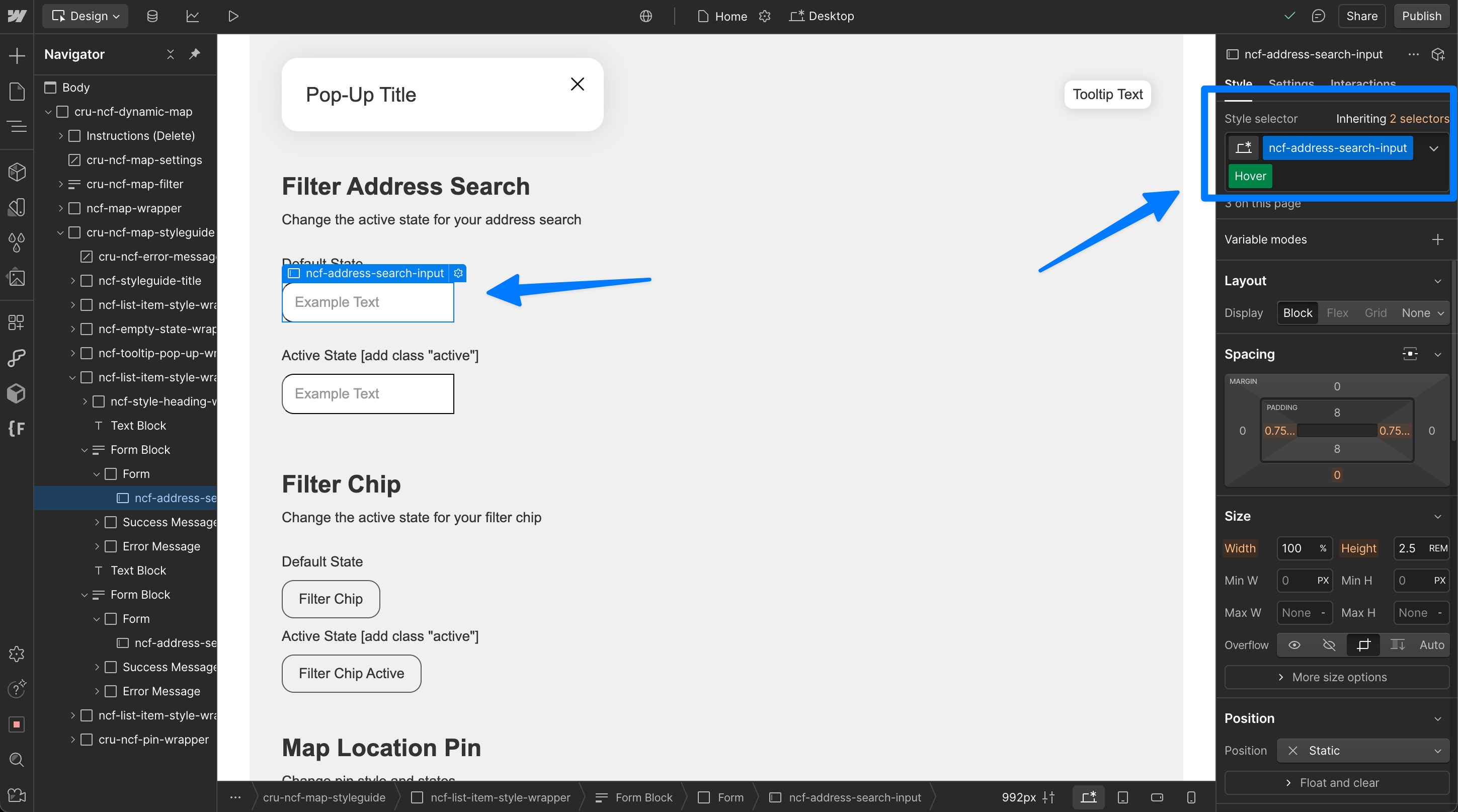 Webflow Designer showing the address search input styled in its hover state using Webflow's default hover selector.