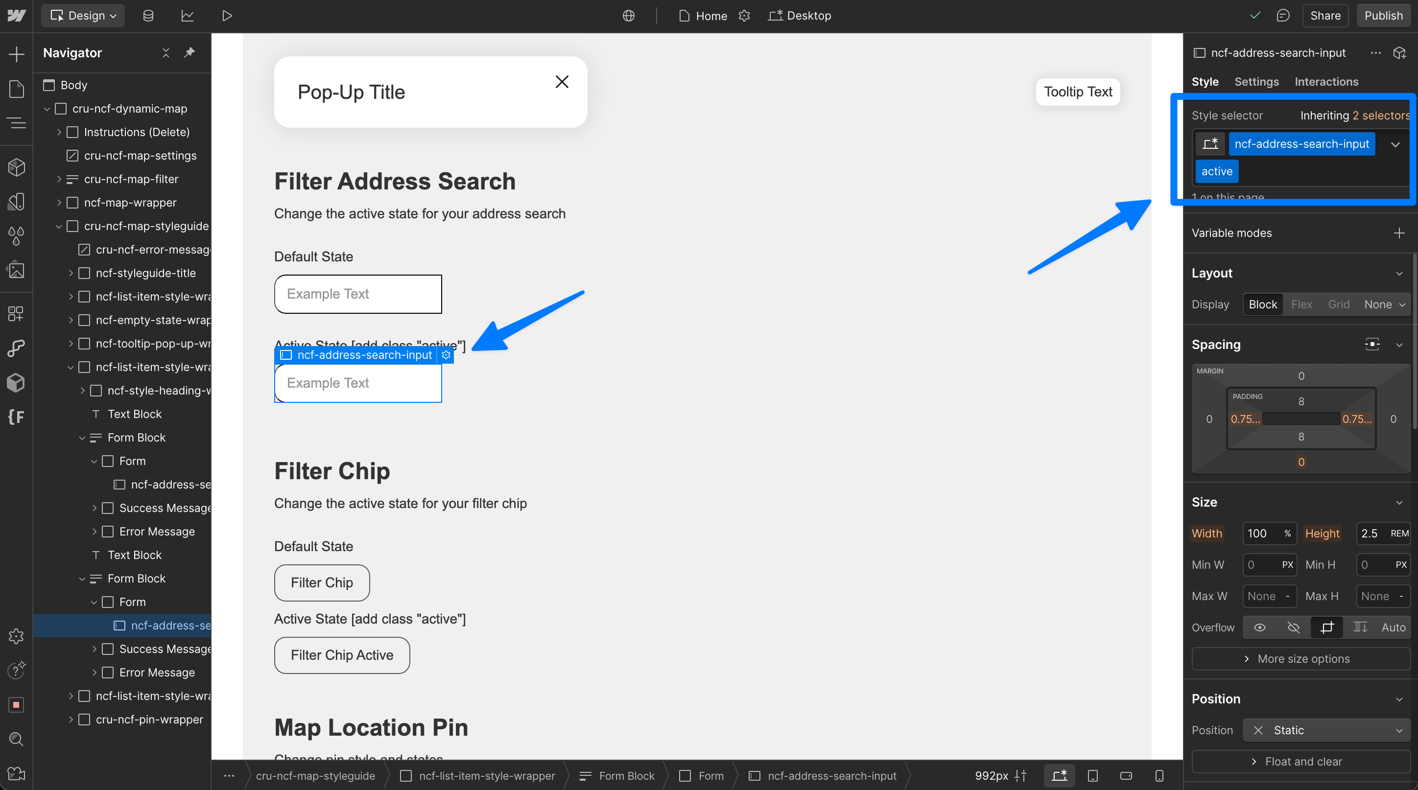 Webflow Designer showing the address search input styled in its active state by adding the combo class active to ncf-address-search-input.