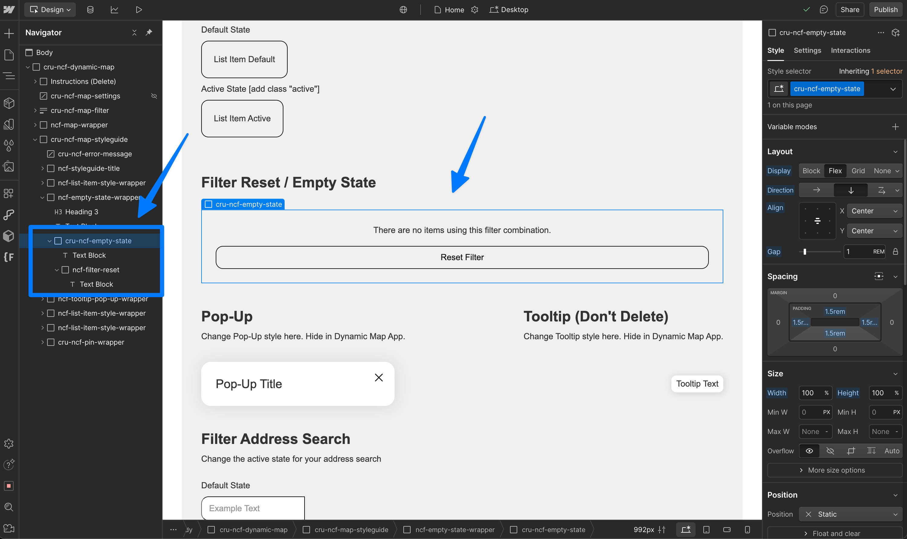 Webflow Designer showing the cru-ncf-empty-state element open — style the filter reset by adding or modifying elements inside this class.