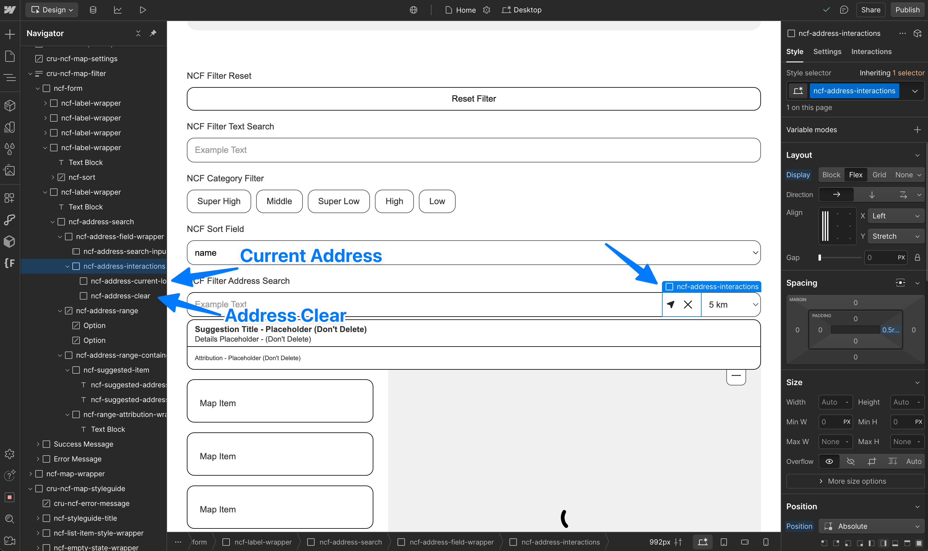 Webflow Designer showing the ncf-address-current-location and ncf-address-clear elements inside the address search component, ready to be styled.
