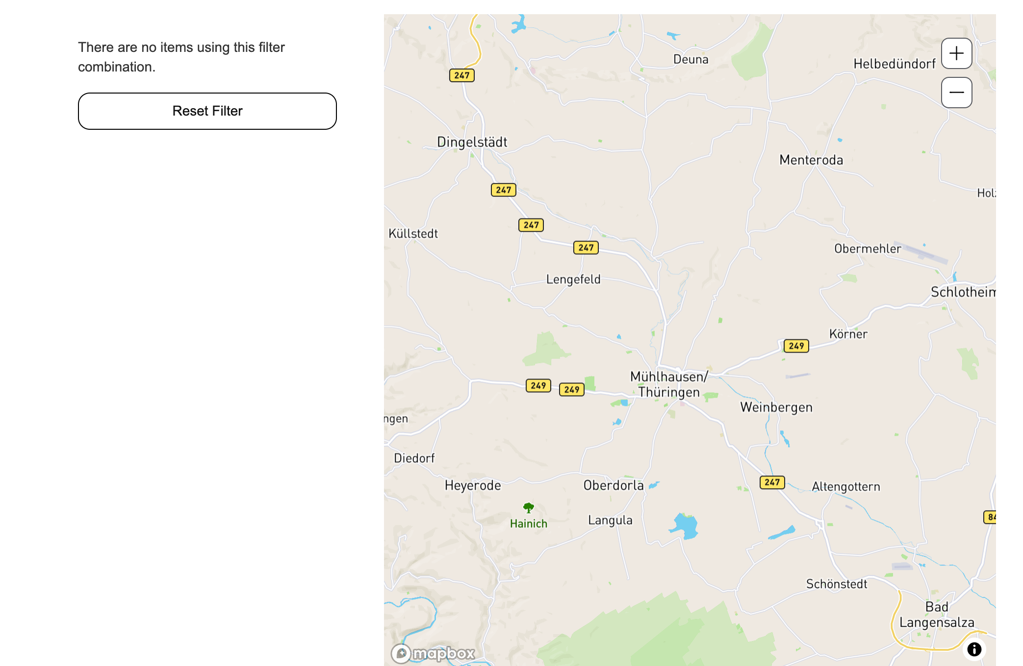 Webflow Dynamic Map Style Guide showing the filter reset and empty state element structure in the navigator.