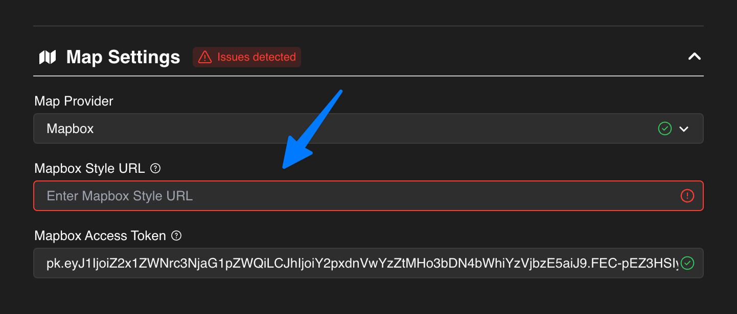Dynamic Map App Map Settings panel showing the Style URL field where a custom Mapbox style URL is pasted to apply a custom map design.