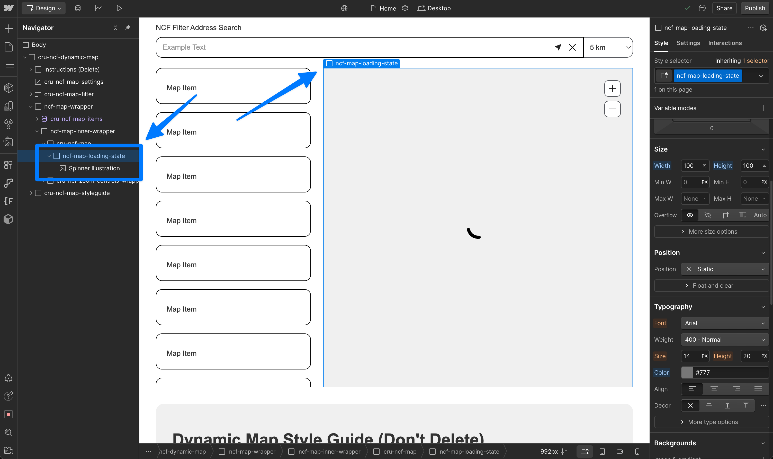 Webflow Designer showing the ncf-map-loading-state element — all child elements placed inside are displayed while the map is initializing.
