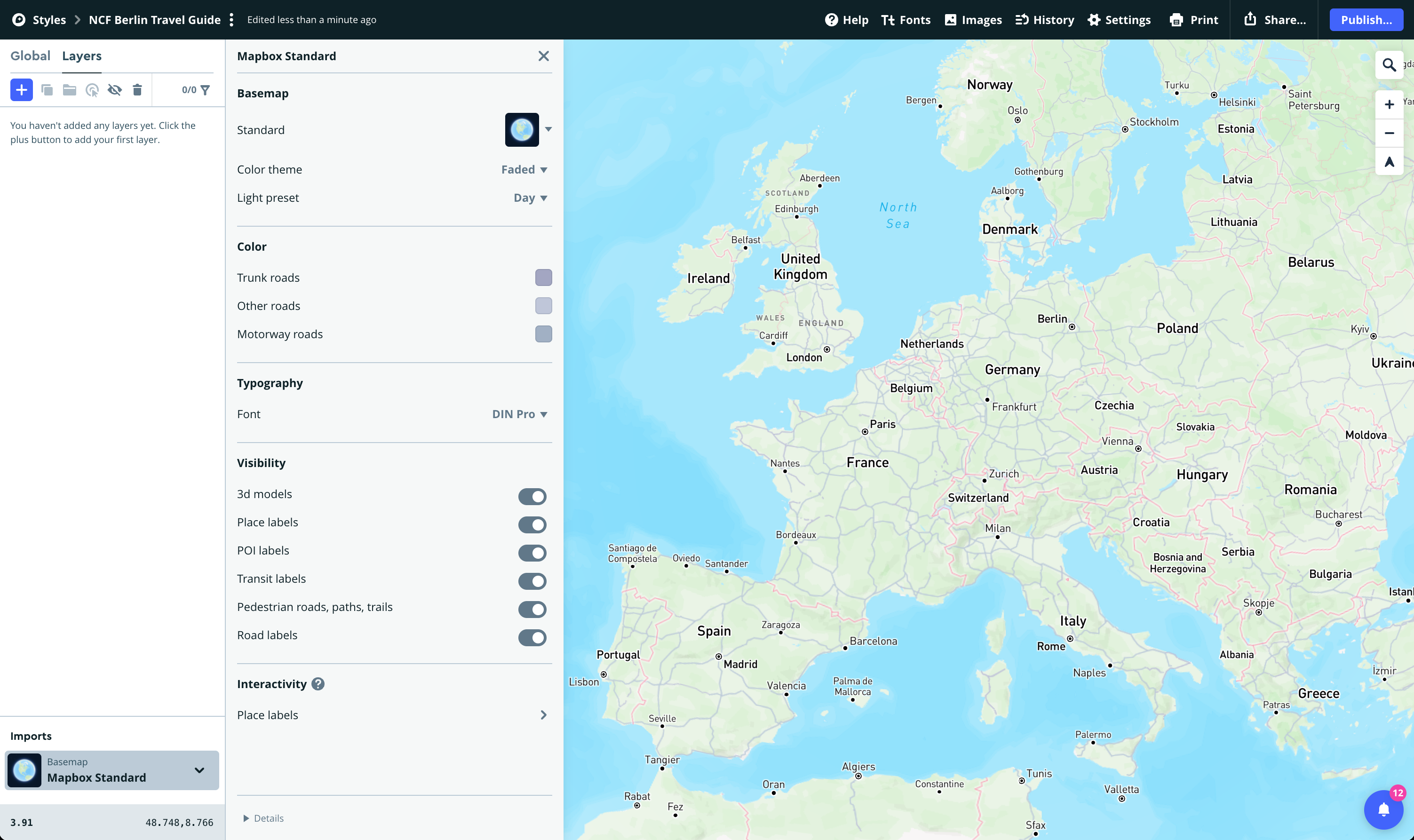 Mapbox Studio showing the Styles panel with the New Style button, used to create a custom-designed map style for use with Dynamic Map.