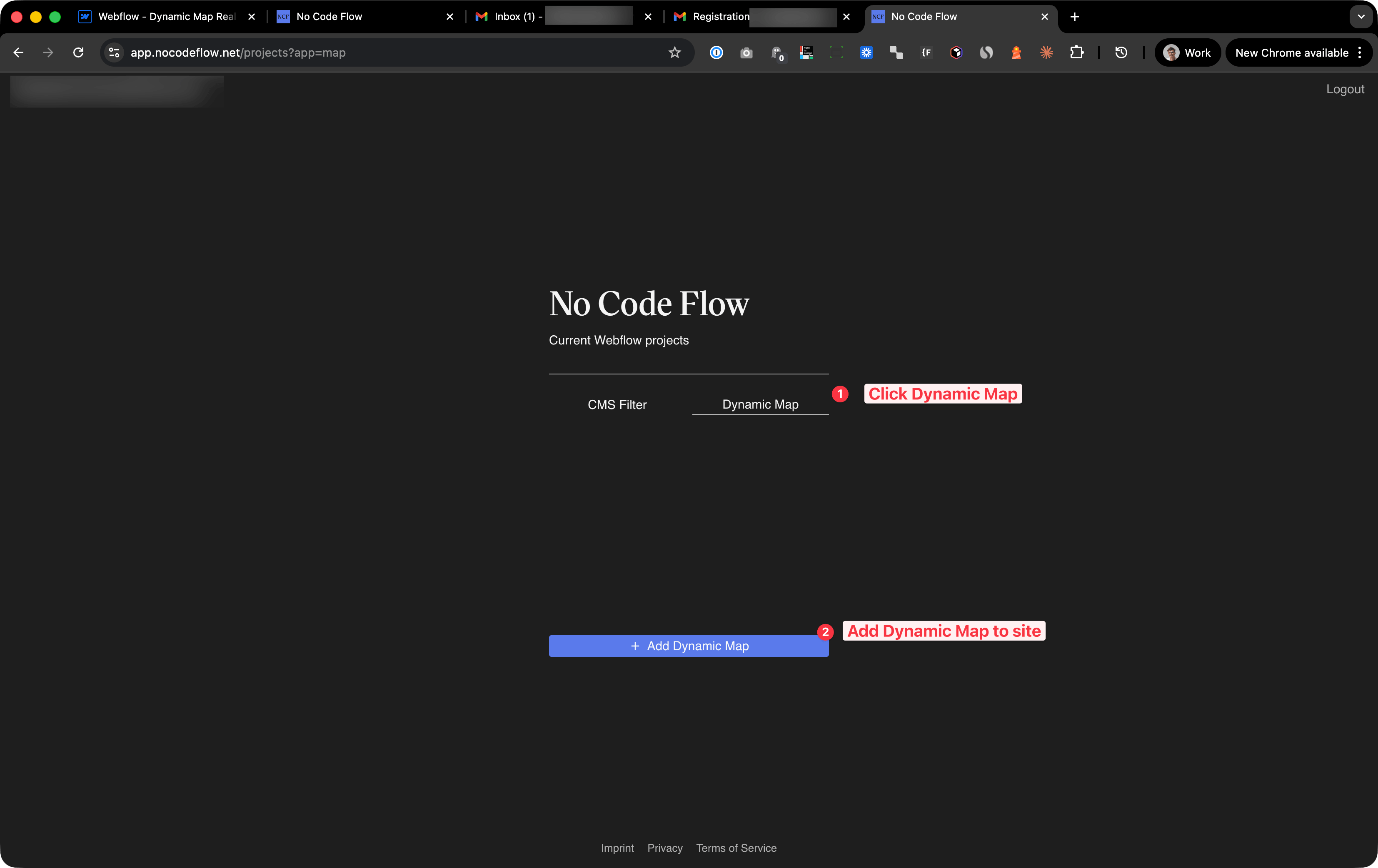 No Code Flow app dashboard showing Current Webflow projects with the Dynamic Map tab selected and the Add Dynamic Map to site button highlighted.