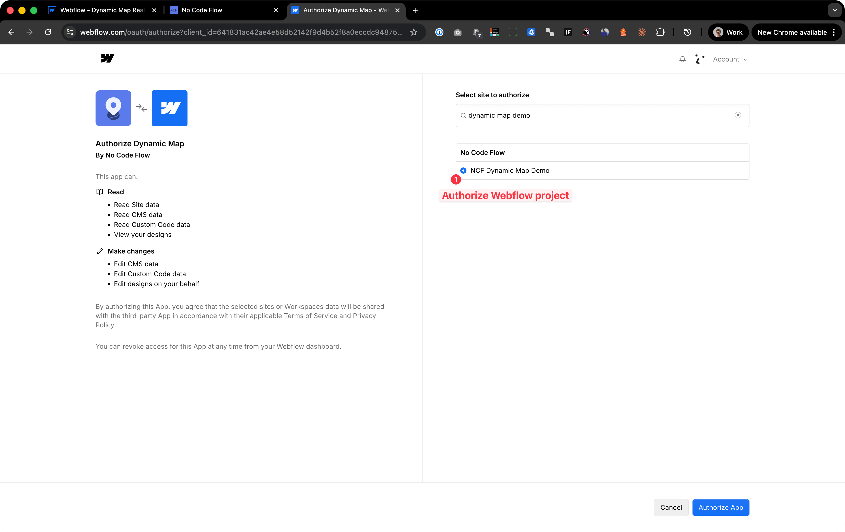 Webflow OAuth authorization screen for Dynamic Map by No Code Flow listing read and write permissions, with NCF Dynamic Map Demo selected as the Webflow site to authorize.