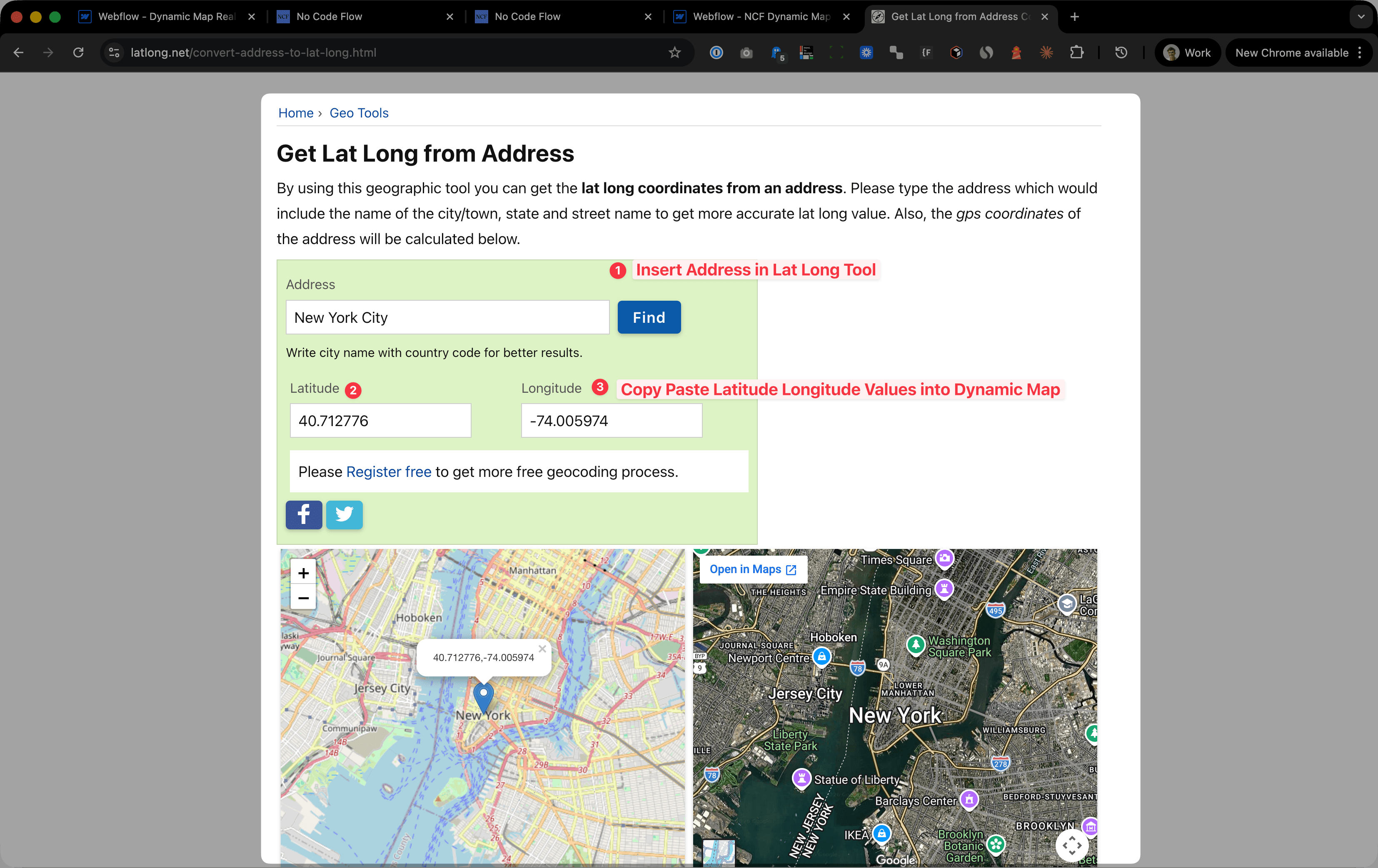 Webflow CMS collection editor for CMS Map Items showing the Collection Name field filled in and two required custom Plain Text fields — Latitude and Longitude — being added.