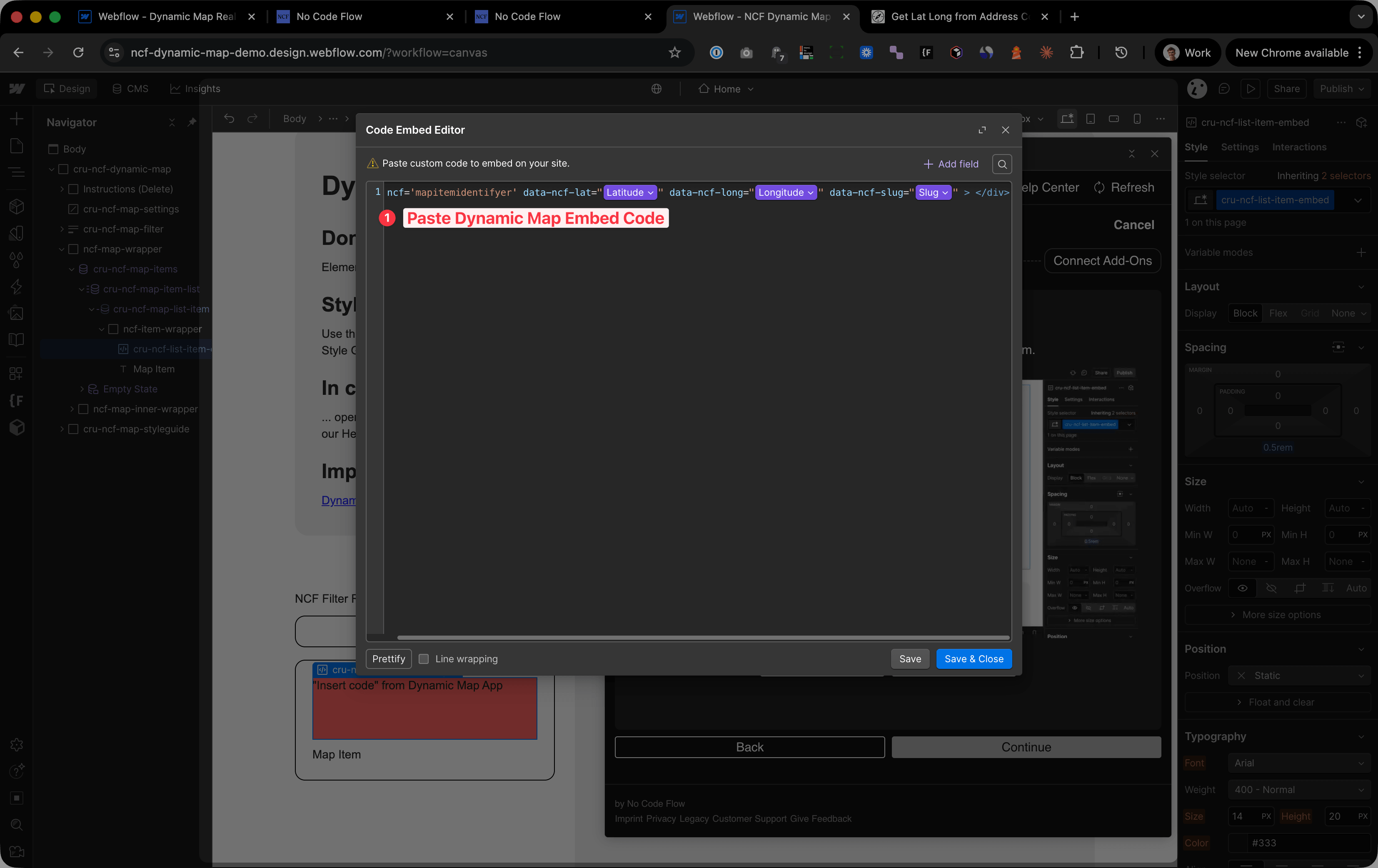 Webflow Designer Code Embed Editor open inside the map item list element, showing the Dynamic Map code snippet highlighted and ready to be pasted.
