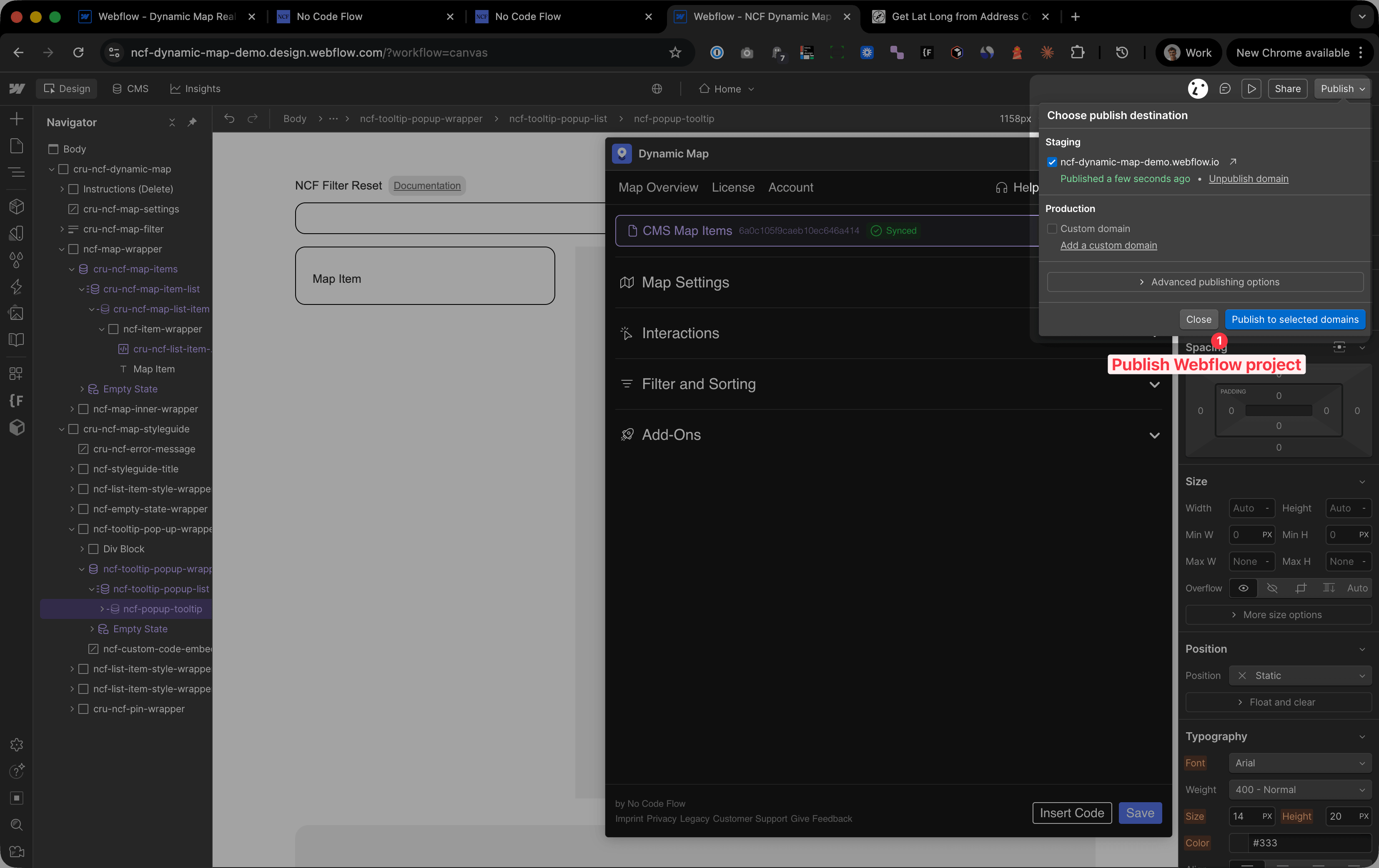 Webflow Designer Publish dialog showing Staging and Production domain options with the Publish to selected domains button highlighted and a Publish Webflow project annotation.