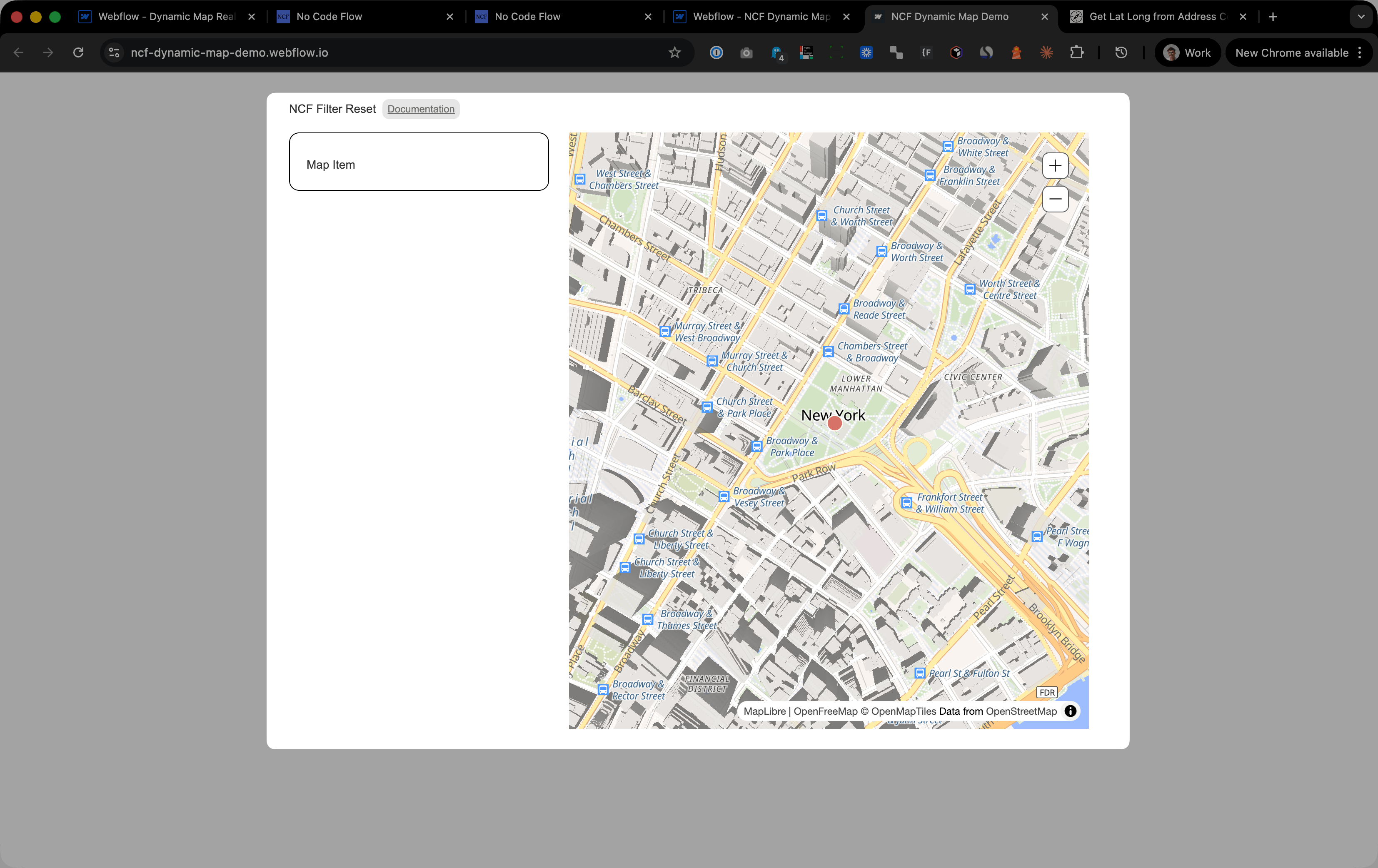 Live Dynamic Map for Webflow displayed on a published site, showing the CMS item list on the left and an interactive map of New York City on the right.