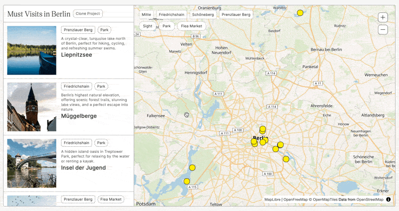 Animated demo of Dynamic Map live filtering, showing the item list updating in real time as the user pans and zooms the map.