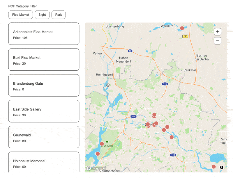 Animated GIF showing Dynamic Map Auto Zoom panning and zooming to fit the filtered results after a filter is applied.