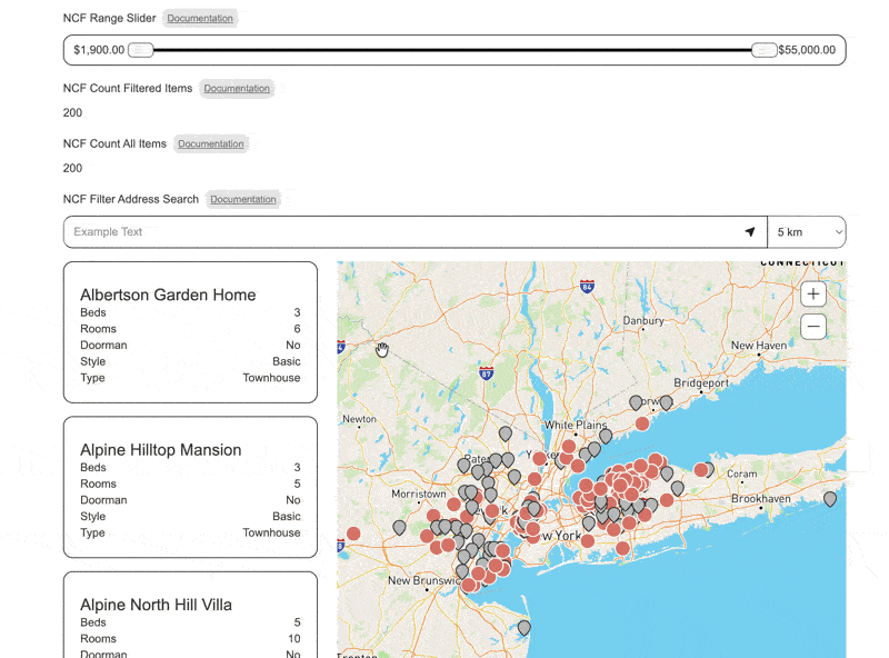 Animated GIF showing the Dynamic Map range slider filtering map pins by a numeric value in real time.