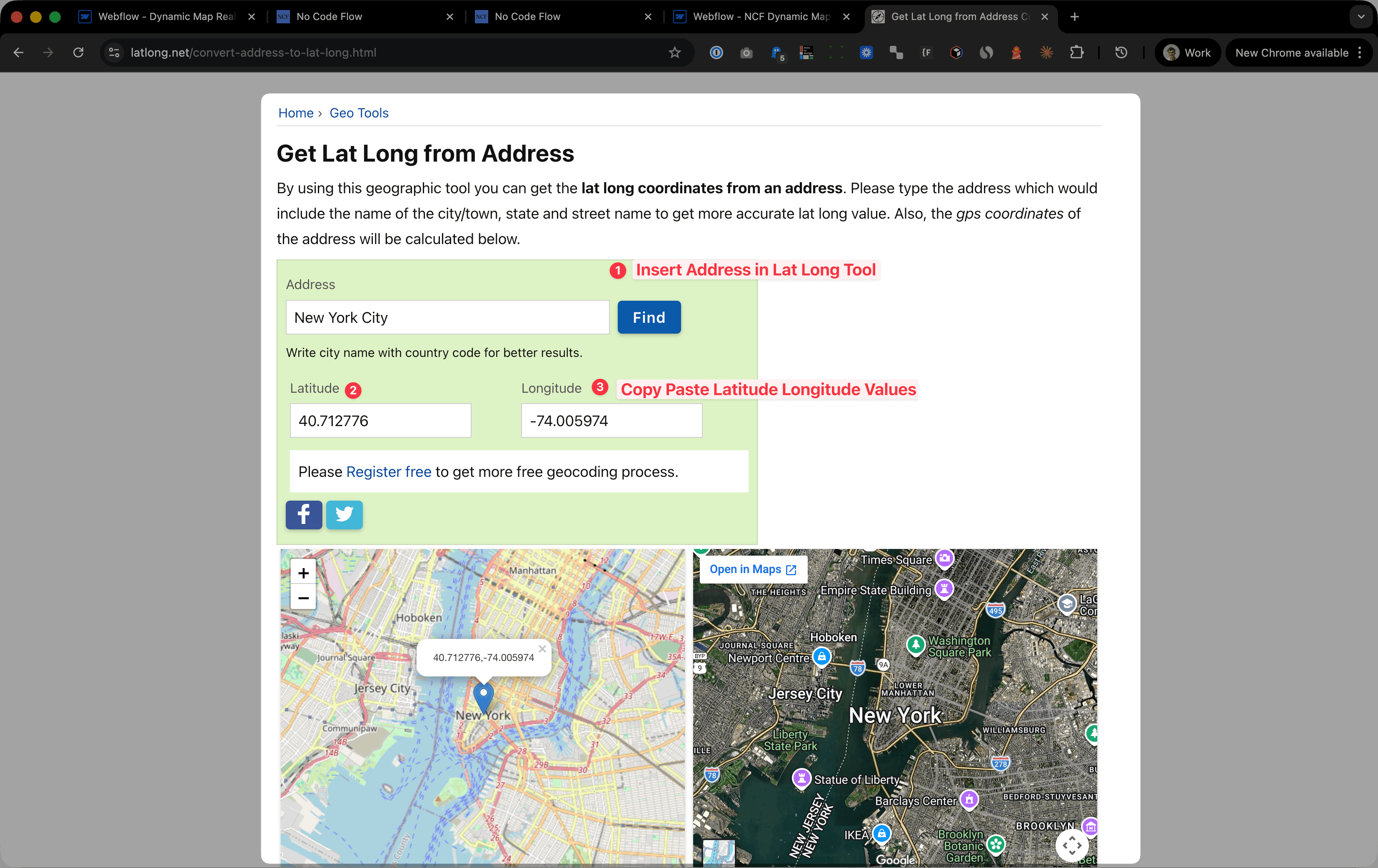 Latlong.net showing how to get from an address to latitude and longitude values for Dynamic Map for Webflow