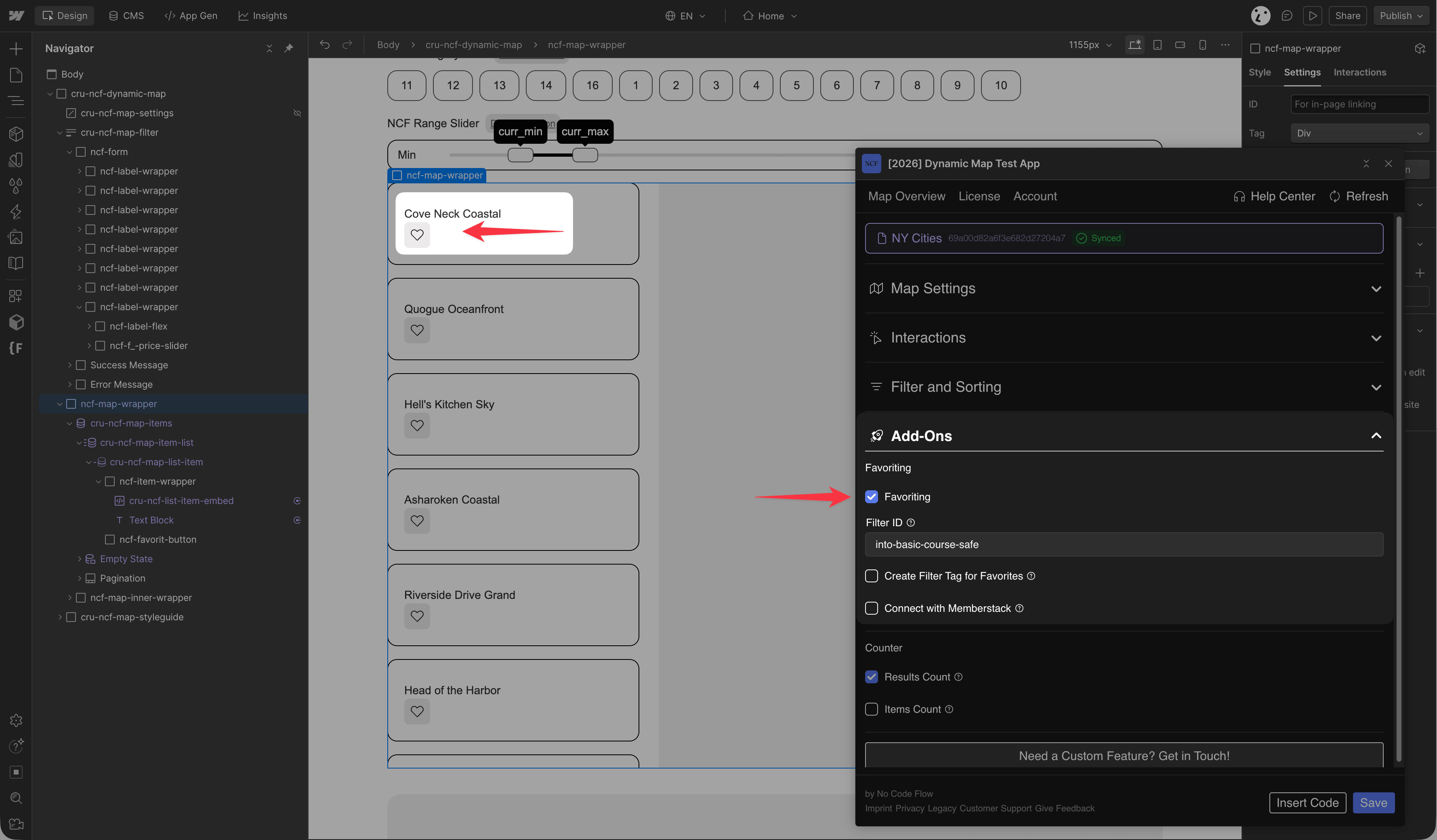 Dynamic Map App Add-Ons panel showing the Favorite Items toggle enabled with the related favorit button in the Webflow designer.