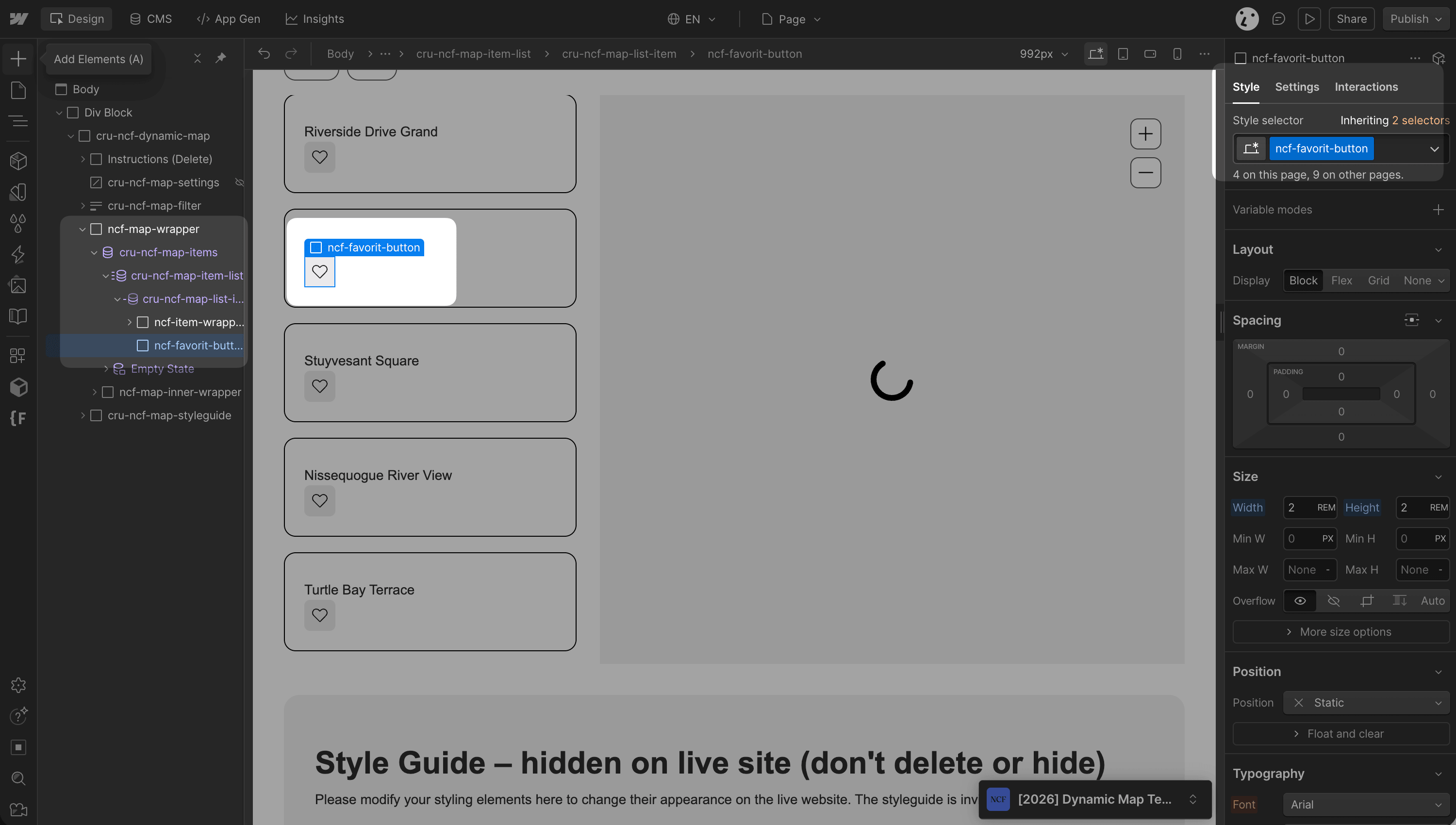 The favorting button with the class "ncf-favorit-button" becomes visible in the "cru-ncf-map-list-item" in Webflow after pressing save and enabling it Dynamic Map.