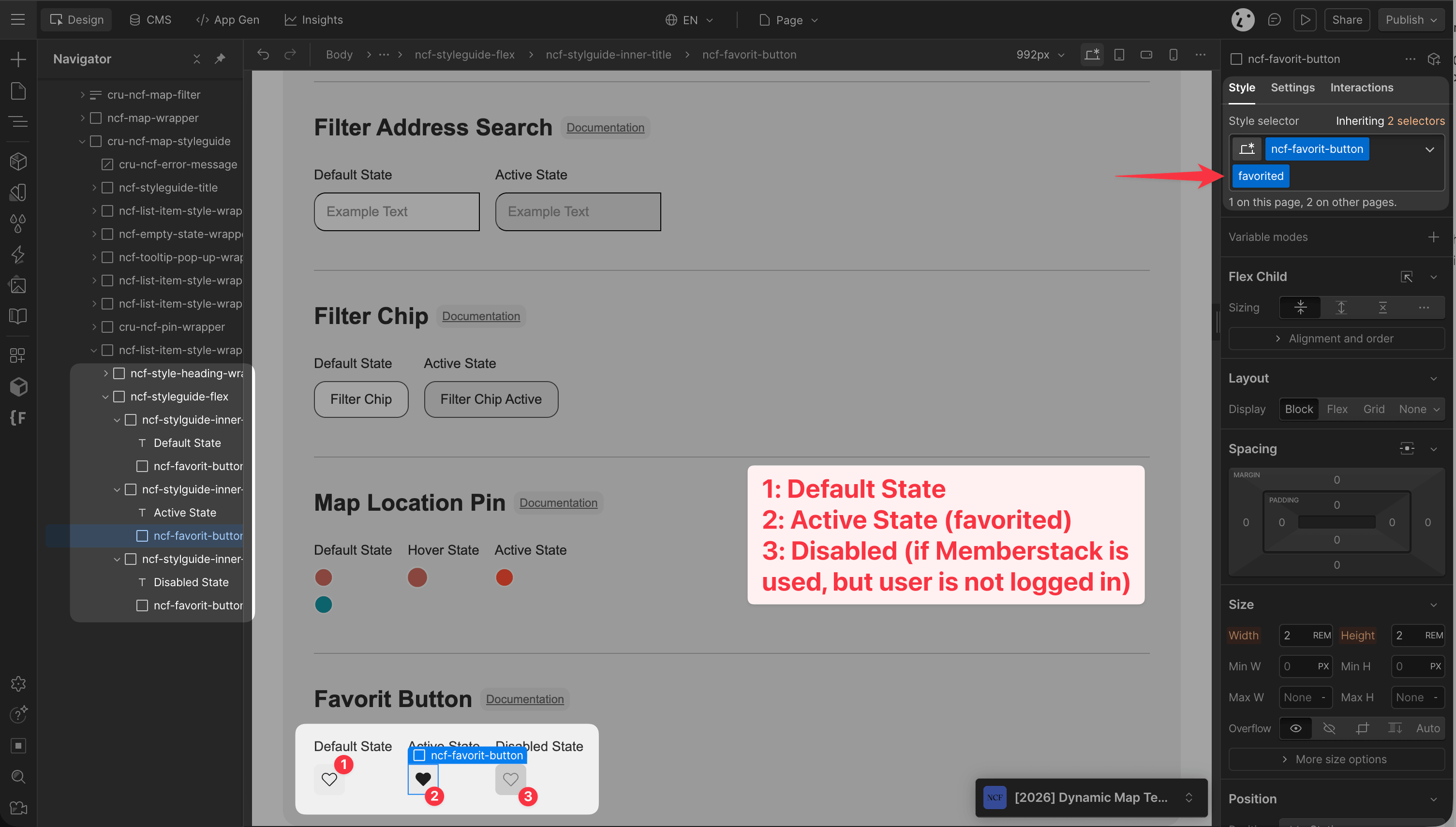 Dynamic Map Style Guide showing the ncf-favorit-button default, active and disabled states