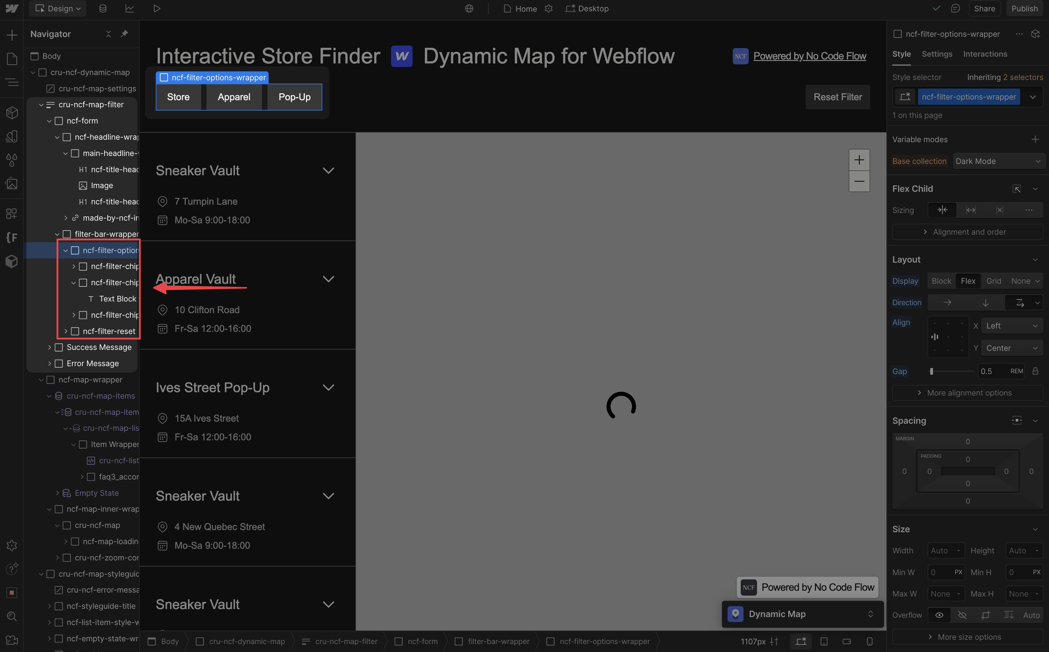 Webflow Designer showing the created filter chips with the ncf-filter-option placed inside the cru-ncf-map-filter