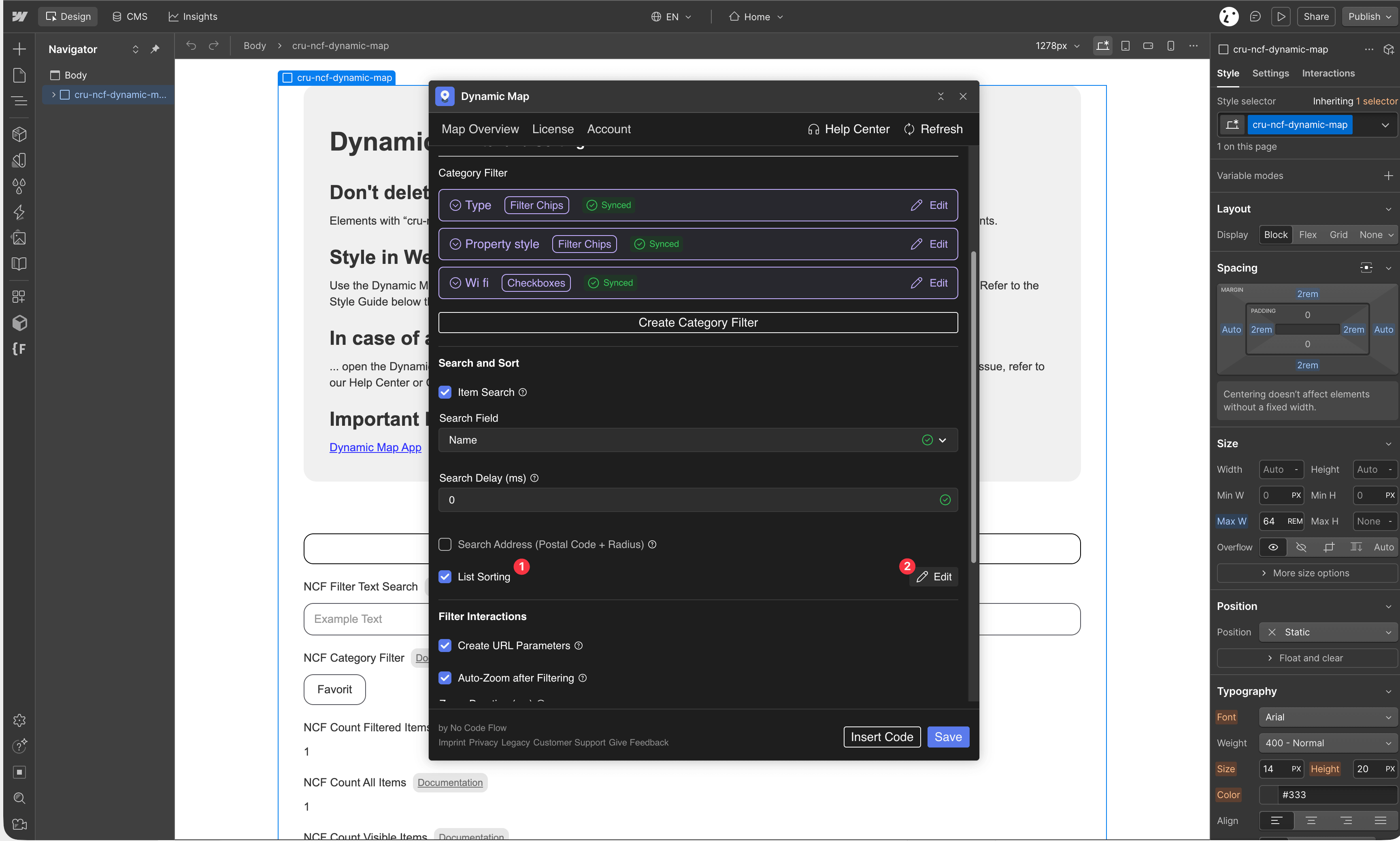 Dynamic Map App showing the List Sorting feature enabled inside the Search and Sort panel with the edit button visible on the right side