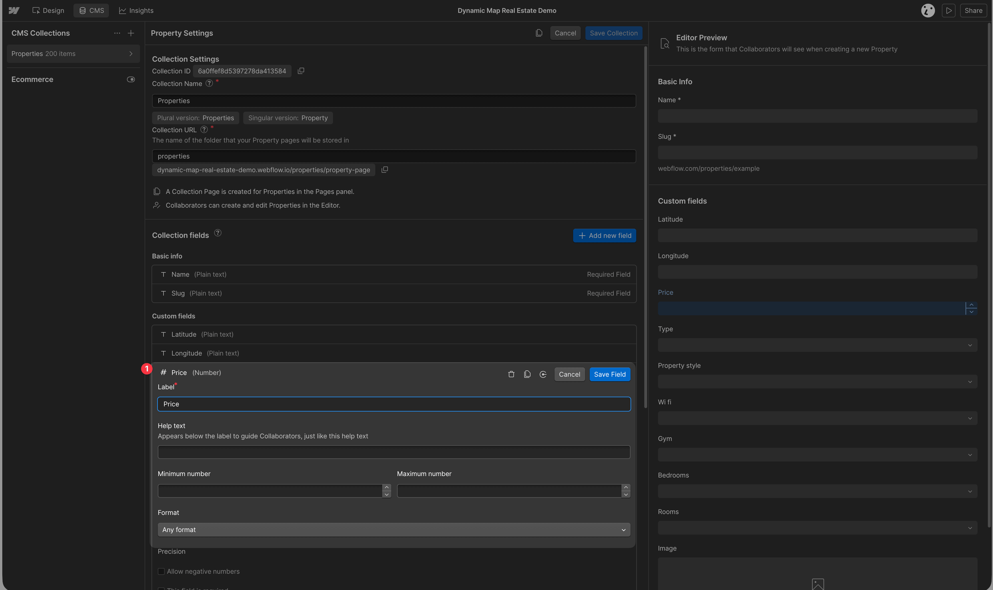 Webflow CMS showing a number field being created and added to the map item collection list needed for Dynamic Map App's Range Slider Filter