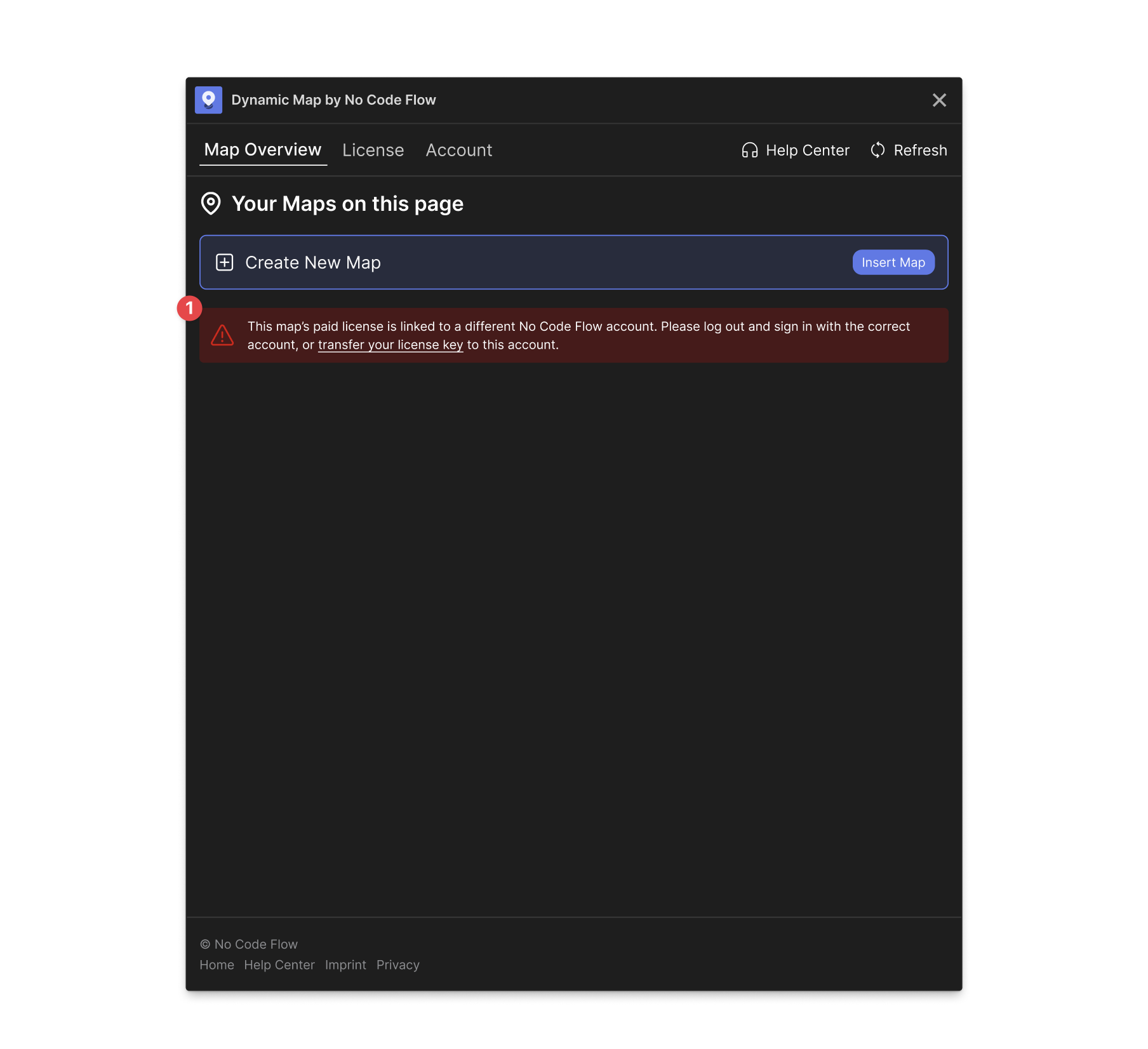 Dynamic Map App showing a red warning that appears to prevent breaking the account's license settings.