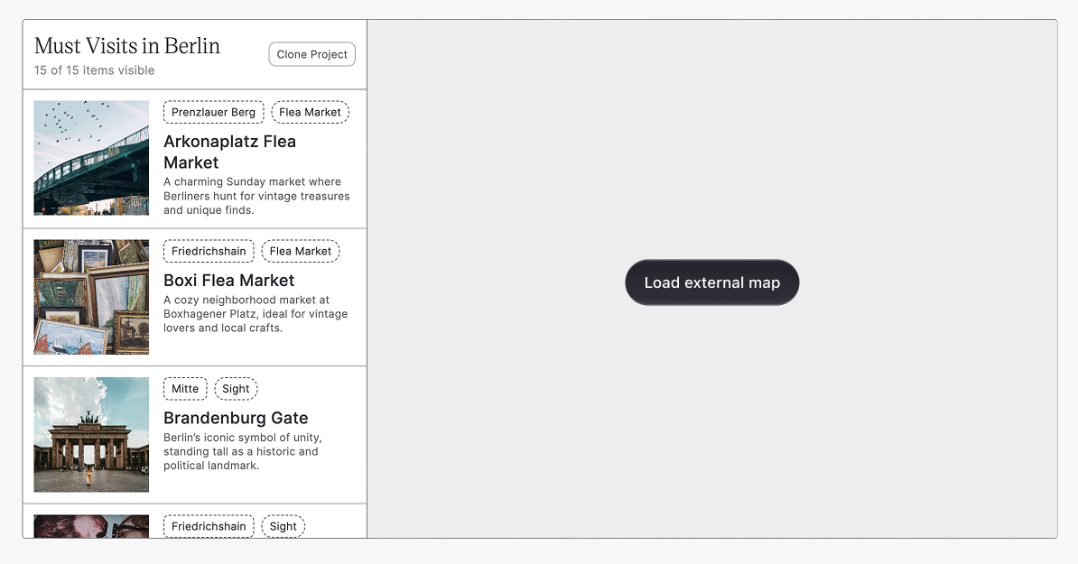 Dynamic Map for Webflow before GDPR consent: the item list renders normally and no external requests have been made.