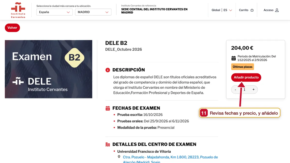 DELE B2 exam page with price, registration period and exam dates