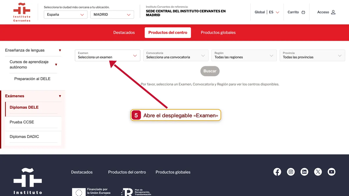 DELE exam search with the exam, session and region filters