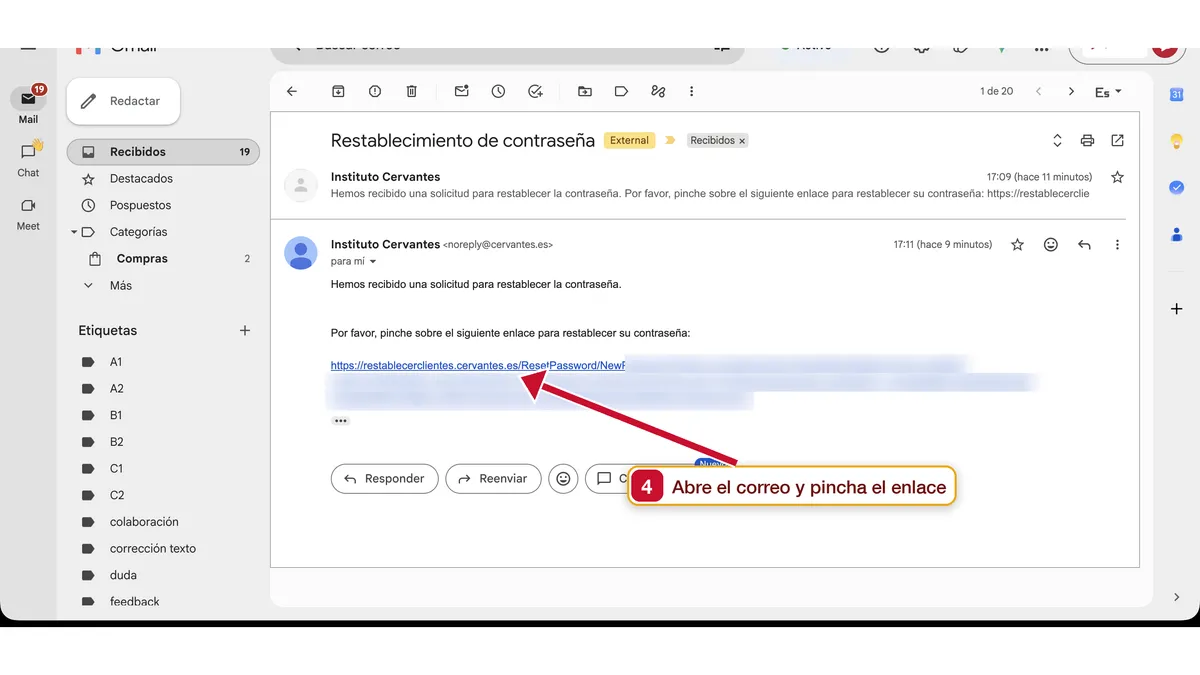 Correo del Instituto Cervantes con el enlace para restablecer la contraseña
