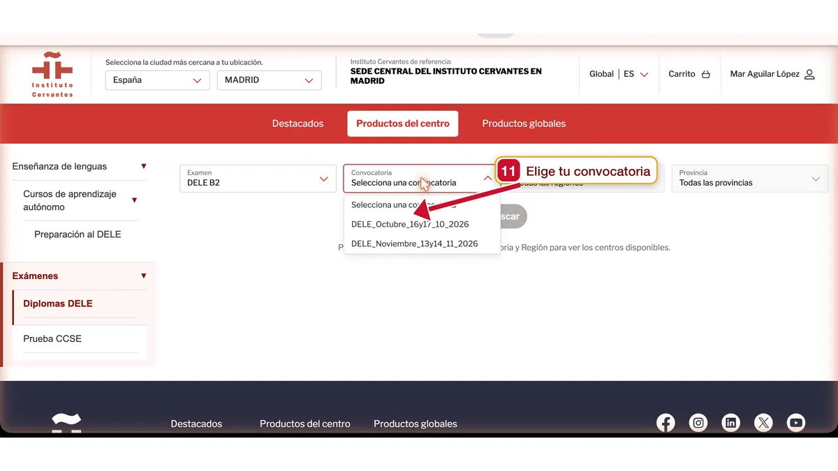 Dropdown to choose the DELE exam session