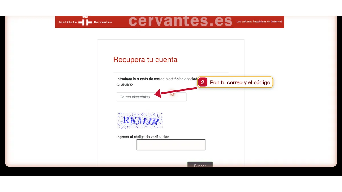 Recupera tu cuenta screen of the Instituto Cervantes with email and verification code