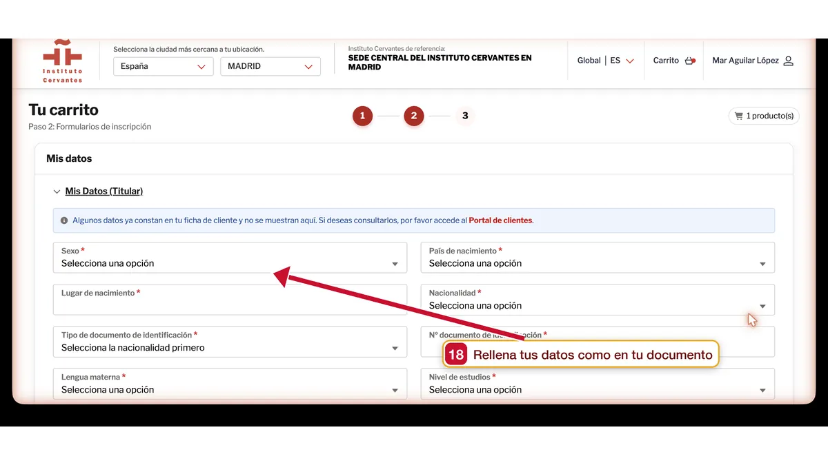 DELE registration form with the candidate's details