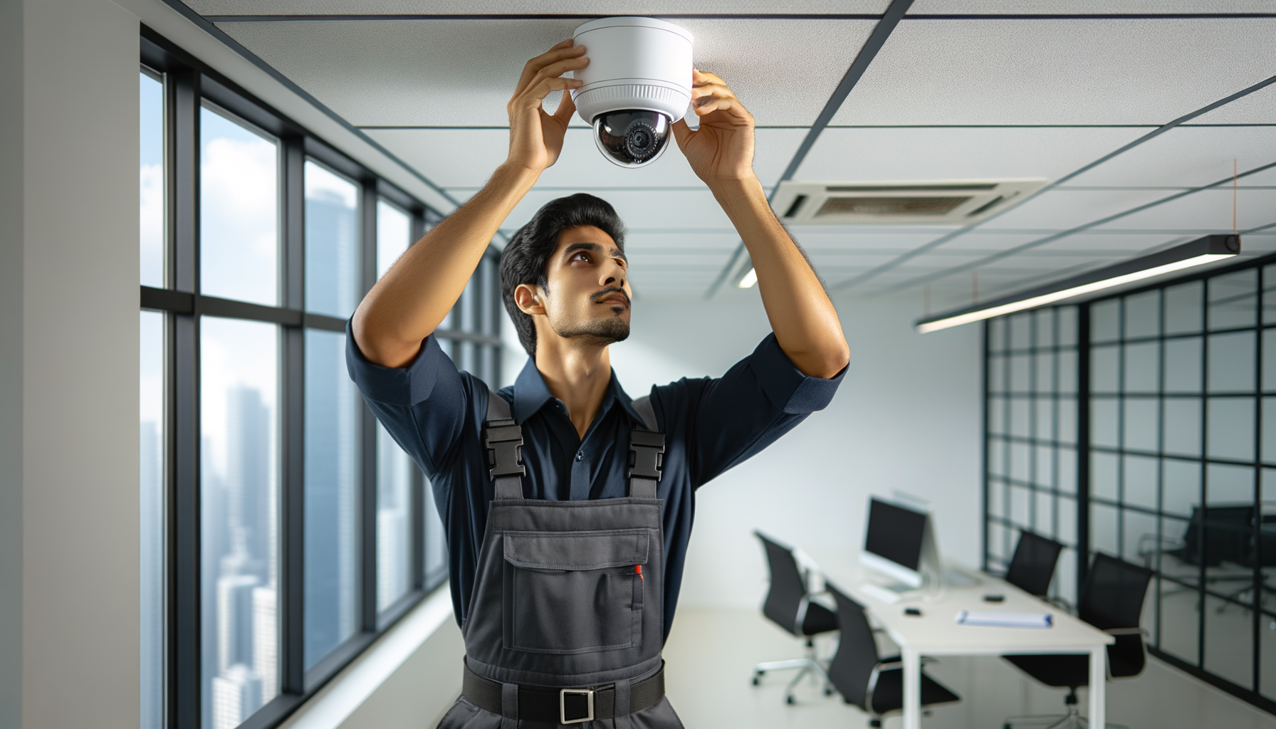 Technicien installant une caméra de surveillance APSAD