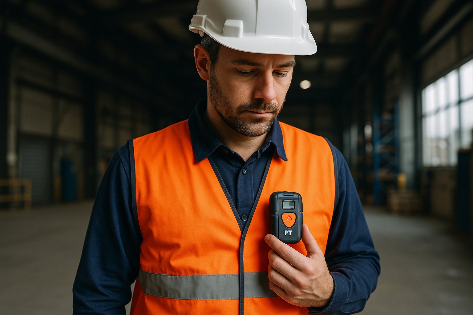 Travailleur isolé équipé d un dispositif PTI DATI en entrepôt industriel