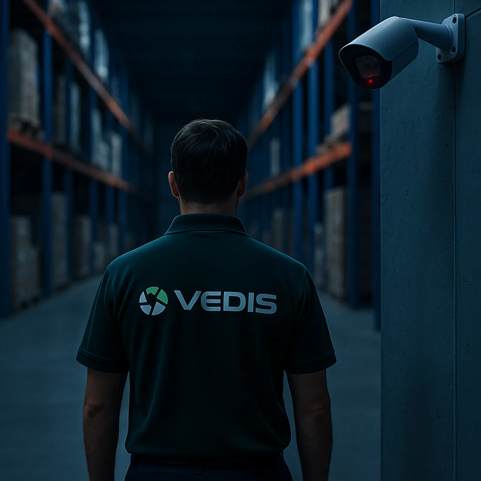Agent VEDIS installant un système de vidéosurveillance dans un entrepôt logistique